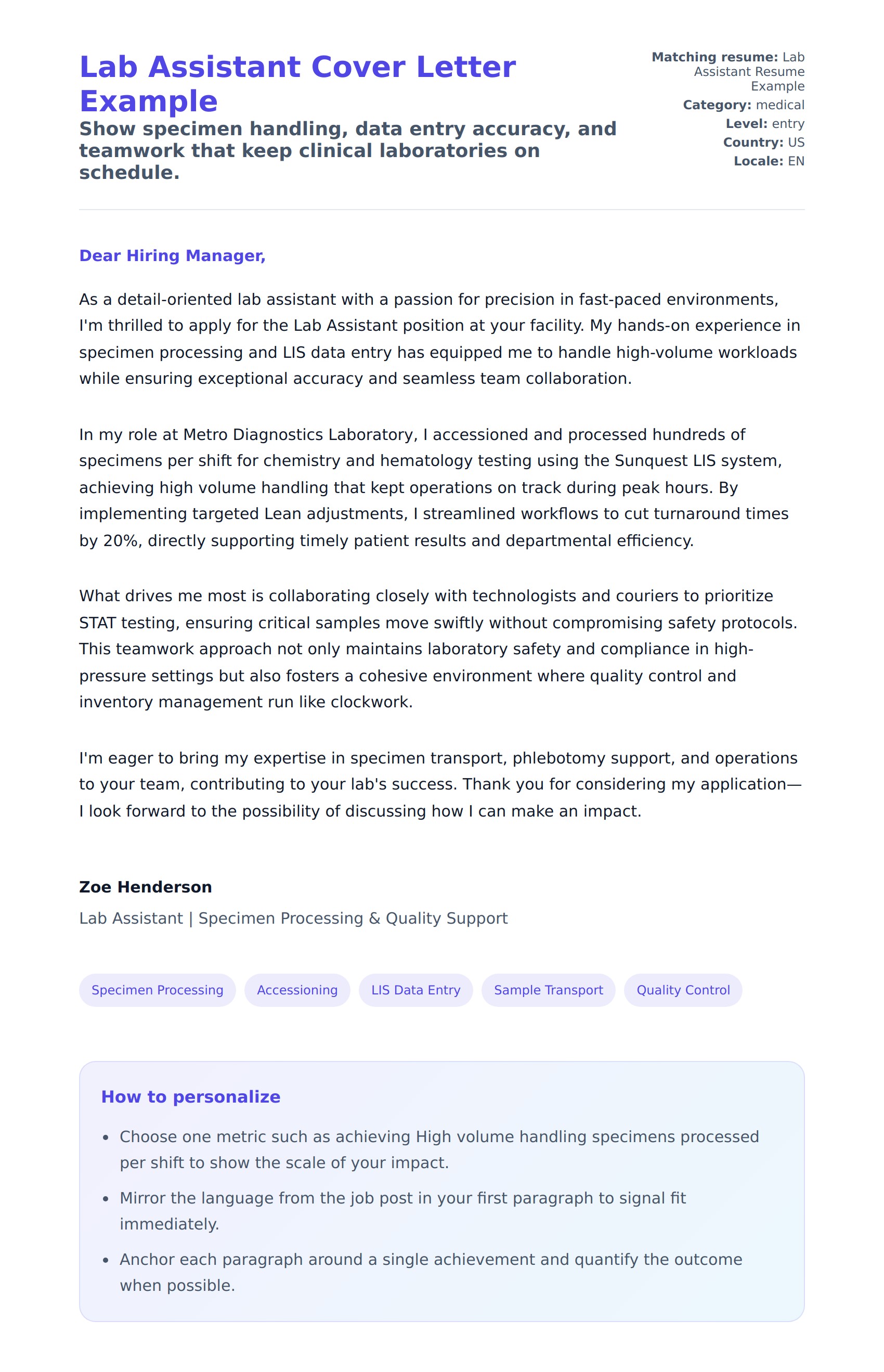 Cover Letter preview for Lab Assistant Cover Letter Example