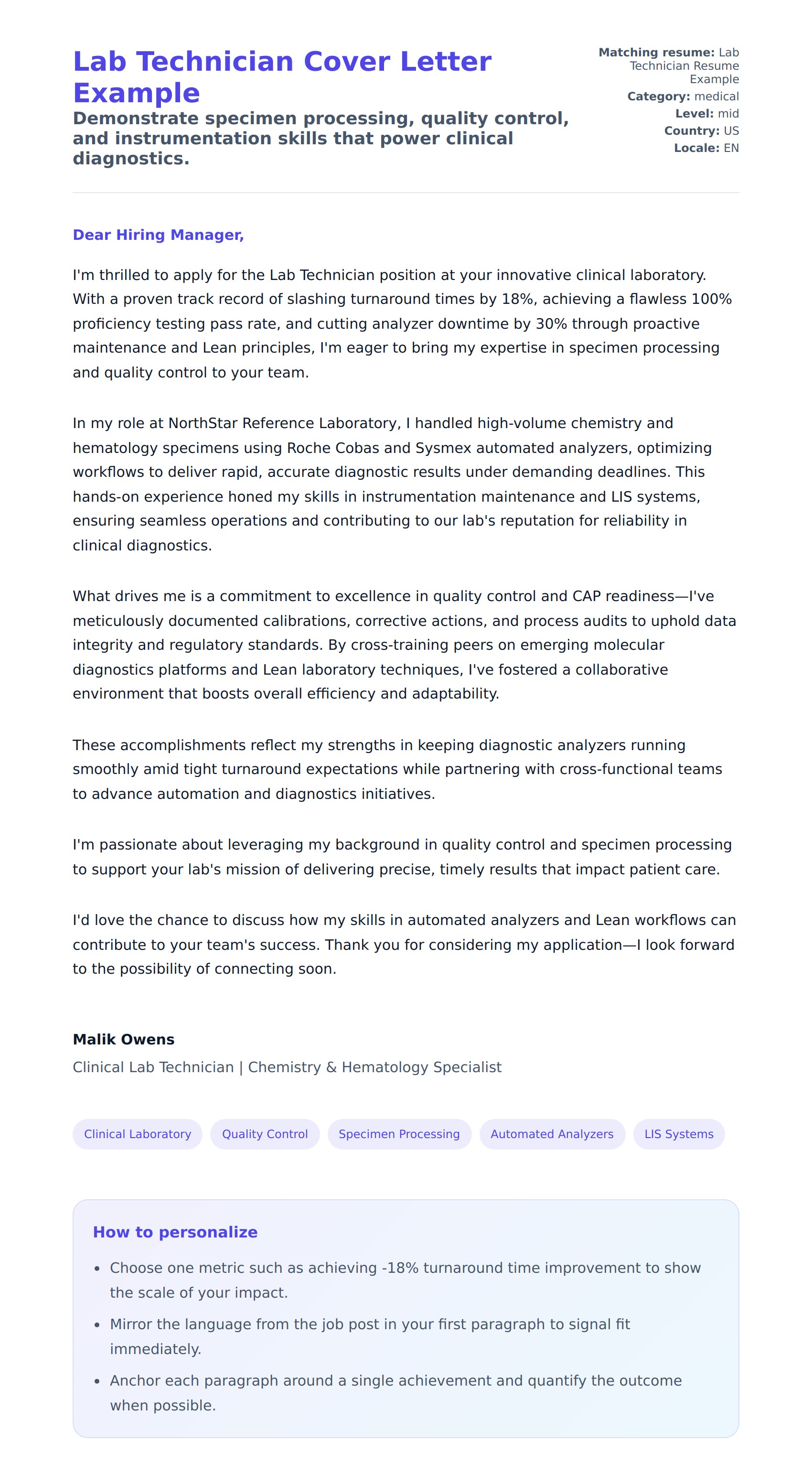 Cover Letter preview for Lab Technician Cover Letter Example