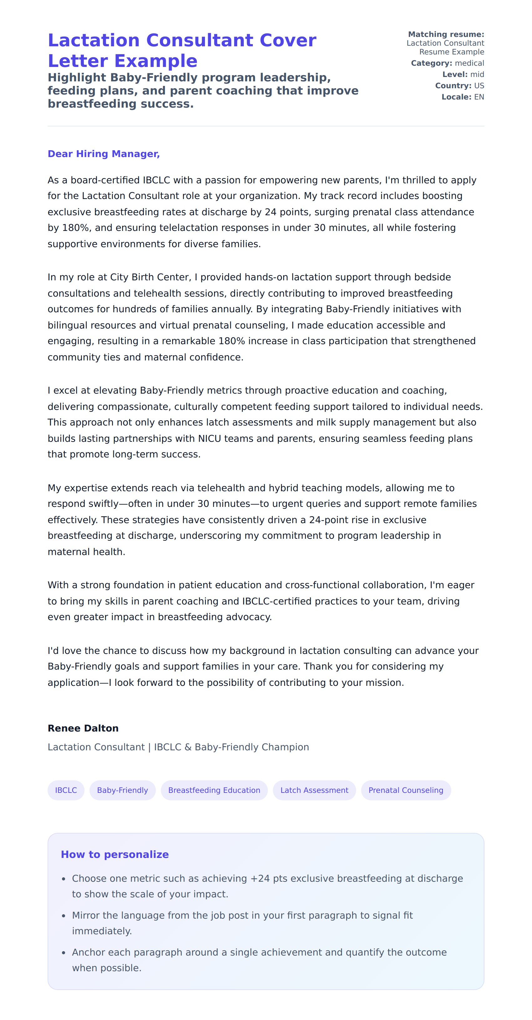 Cover Letter preview for Lactation Consultant Cover Letter Example