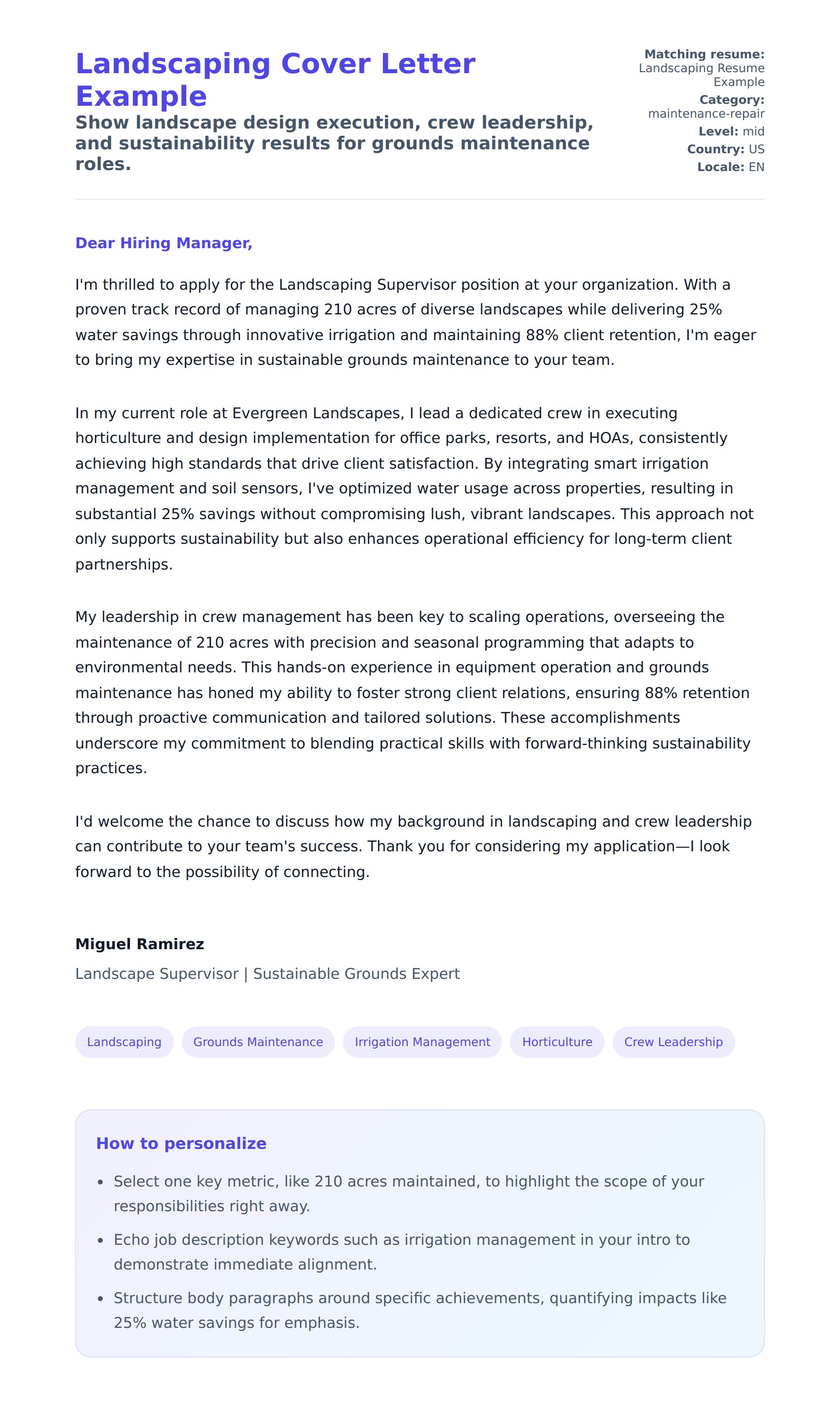Cover Letter preview for Landscaping Cover Letter Example