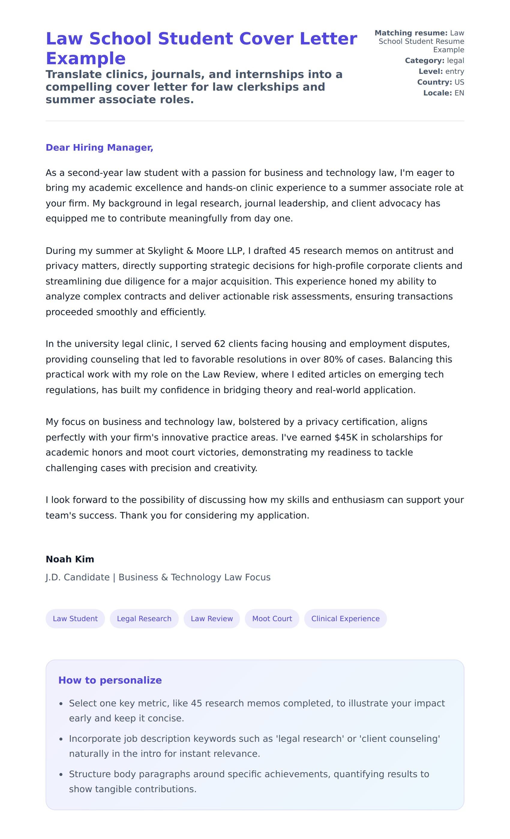 Cover Letter preview for Law School Student Cover Letter Example