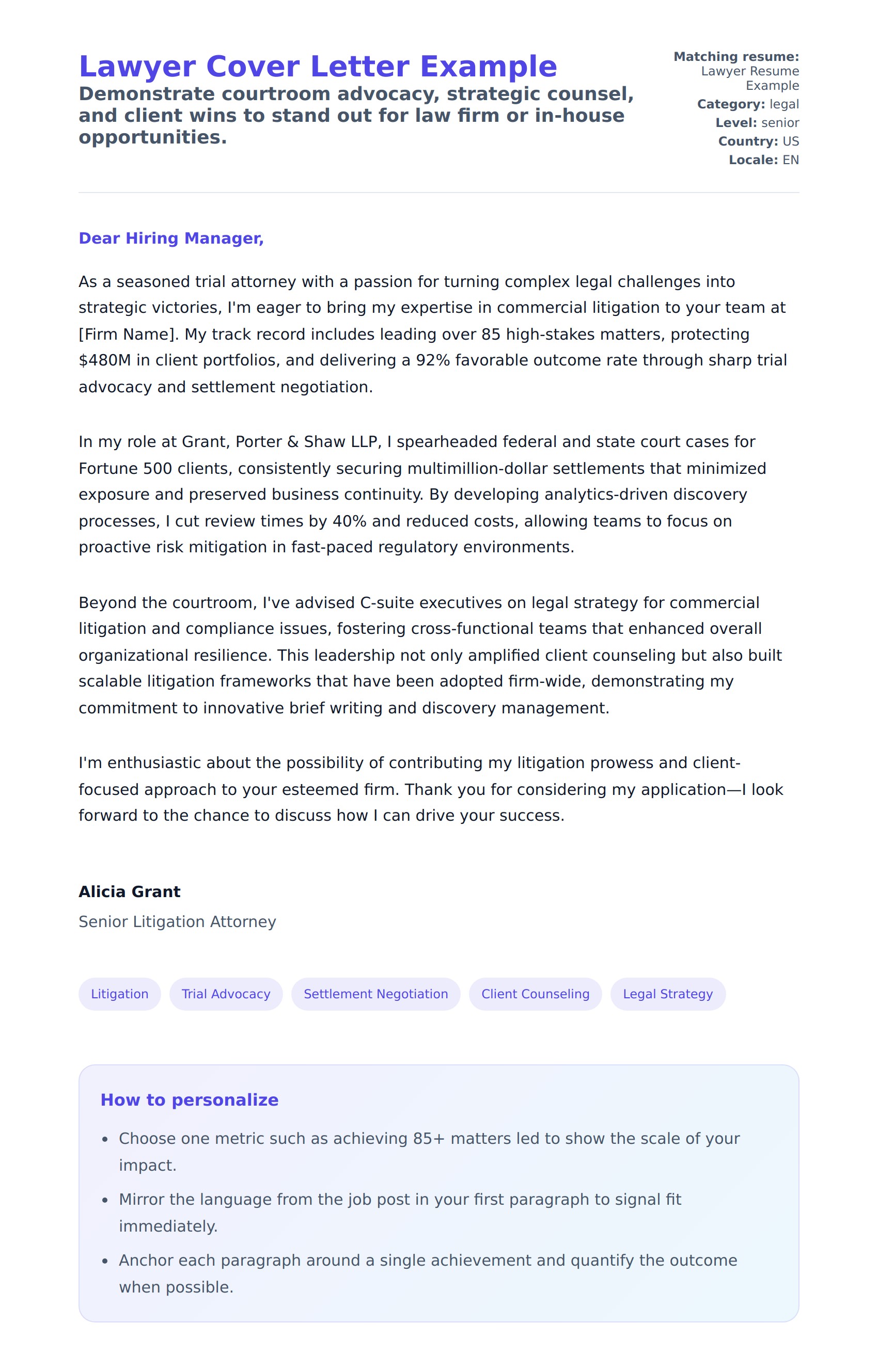 Cover Letter preview for Lawyer Cover Letter Example