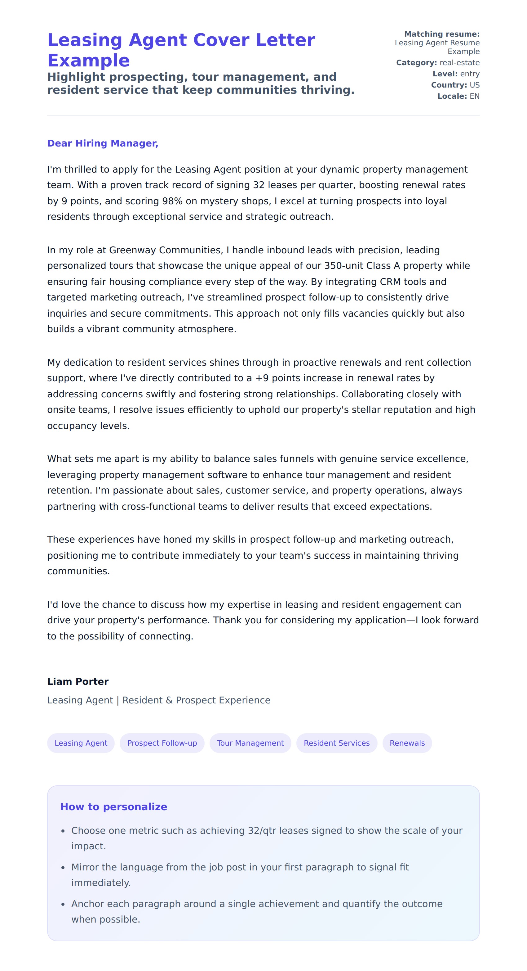 Cover Letter preview for Leasing Agent Cover Letter Example