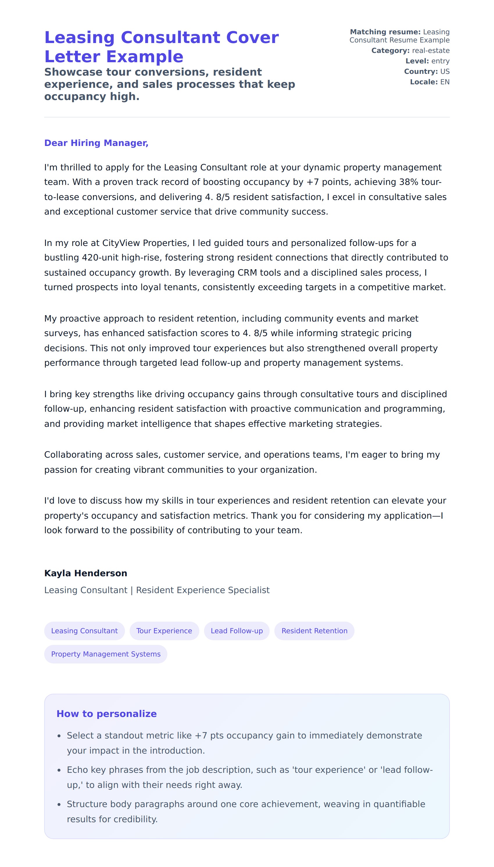 Cover Letter preview for Leasing Consultant Cover Letter Example
