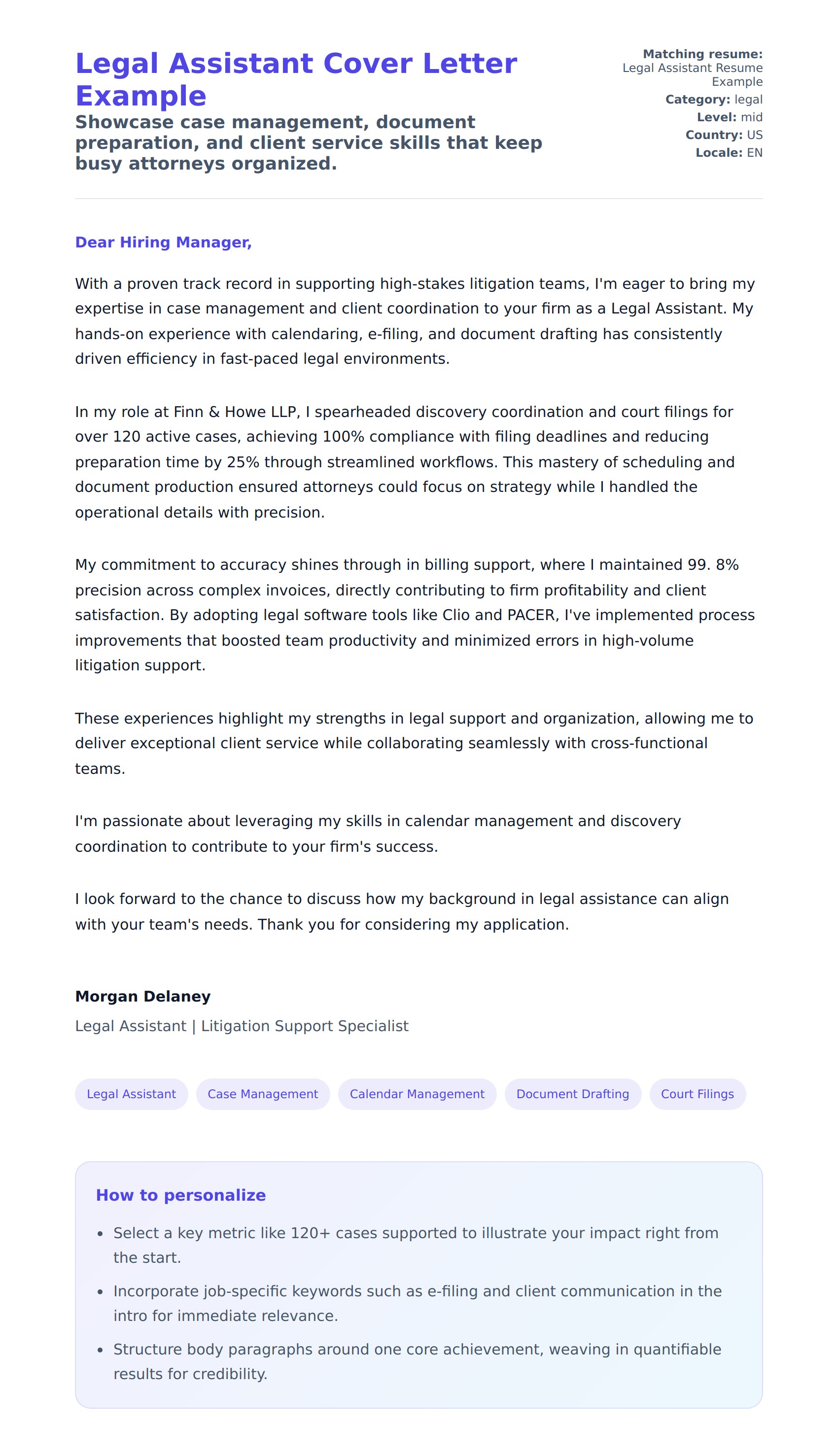 Cover Letter preview for Legal Assistant Cover Letter Example