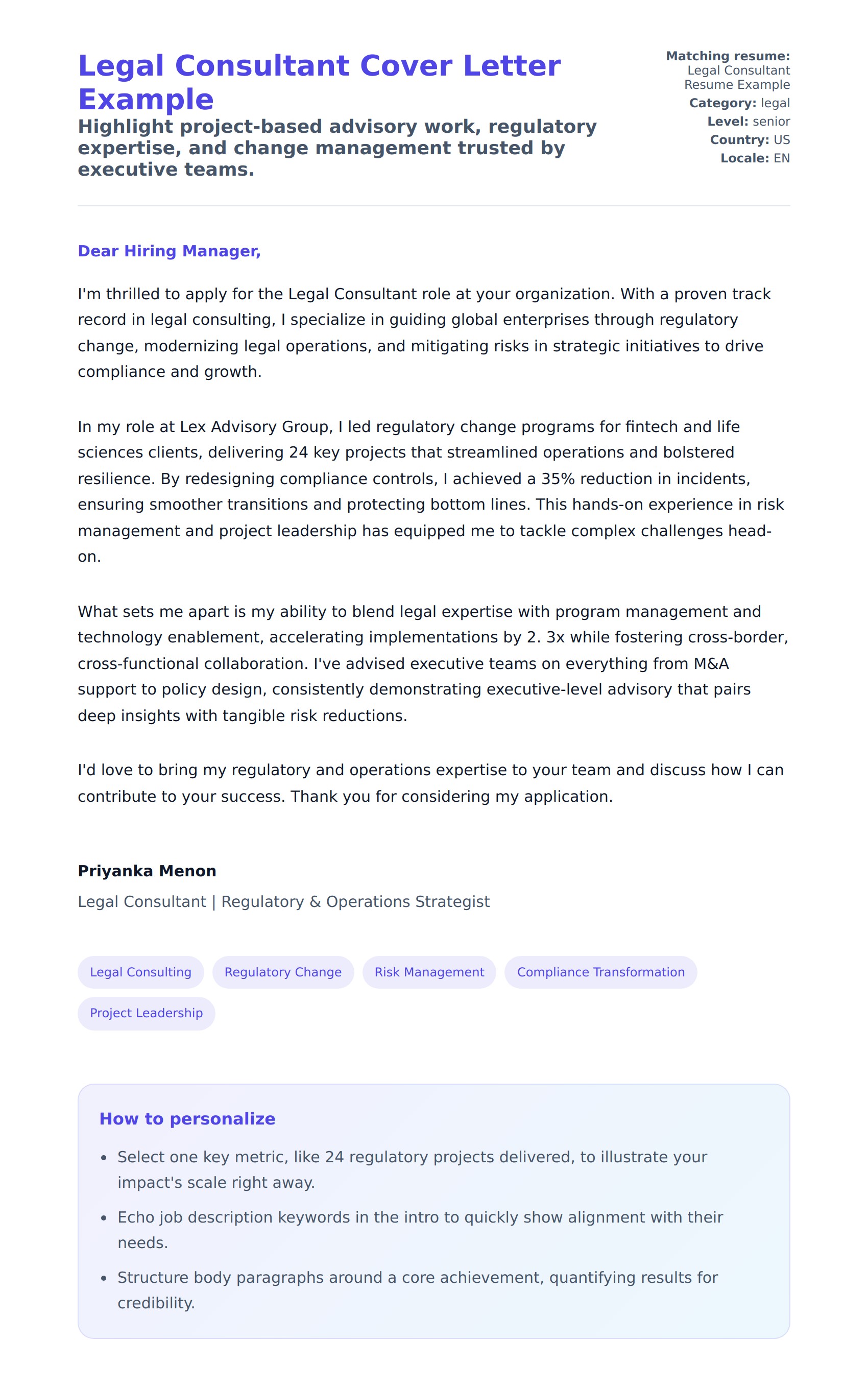 Cover Letter preview for Legal Consultant Cover Letter Example