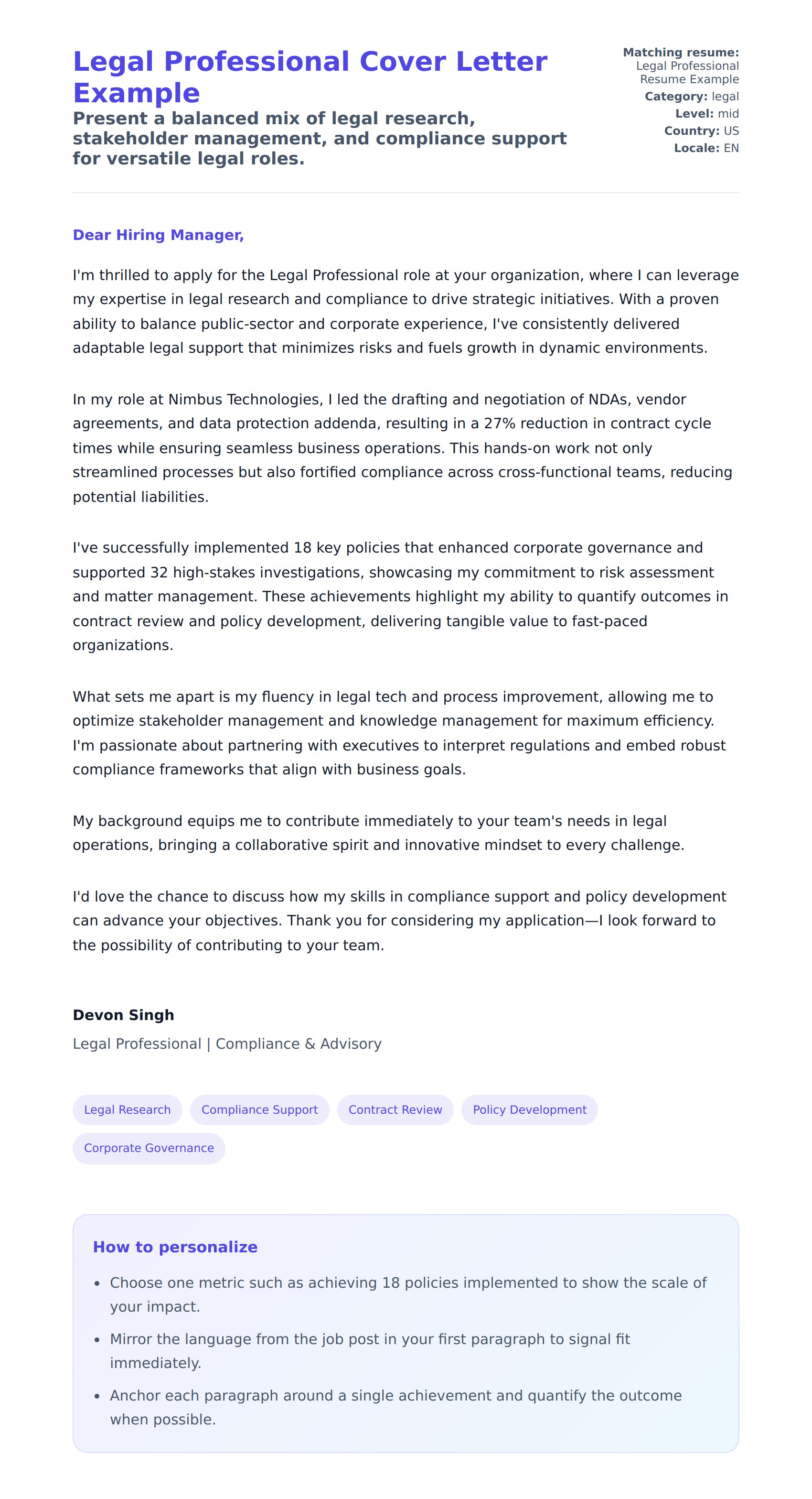 Cover Letter preview for Legal Professional Cover Letter Example