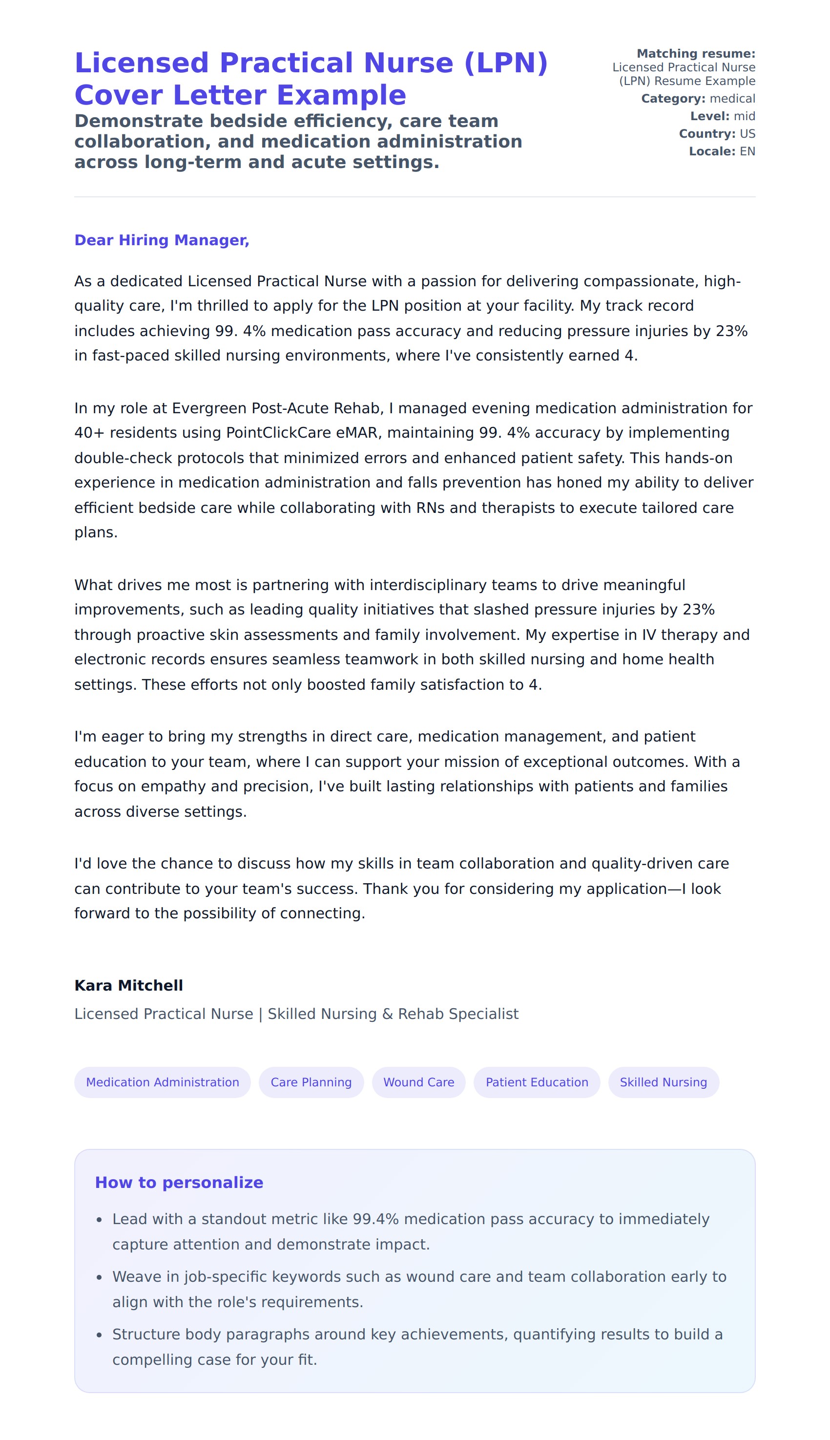 Cover Letter preview for Licensed Practical Nurse (LPN) Cover Letter Example