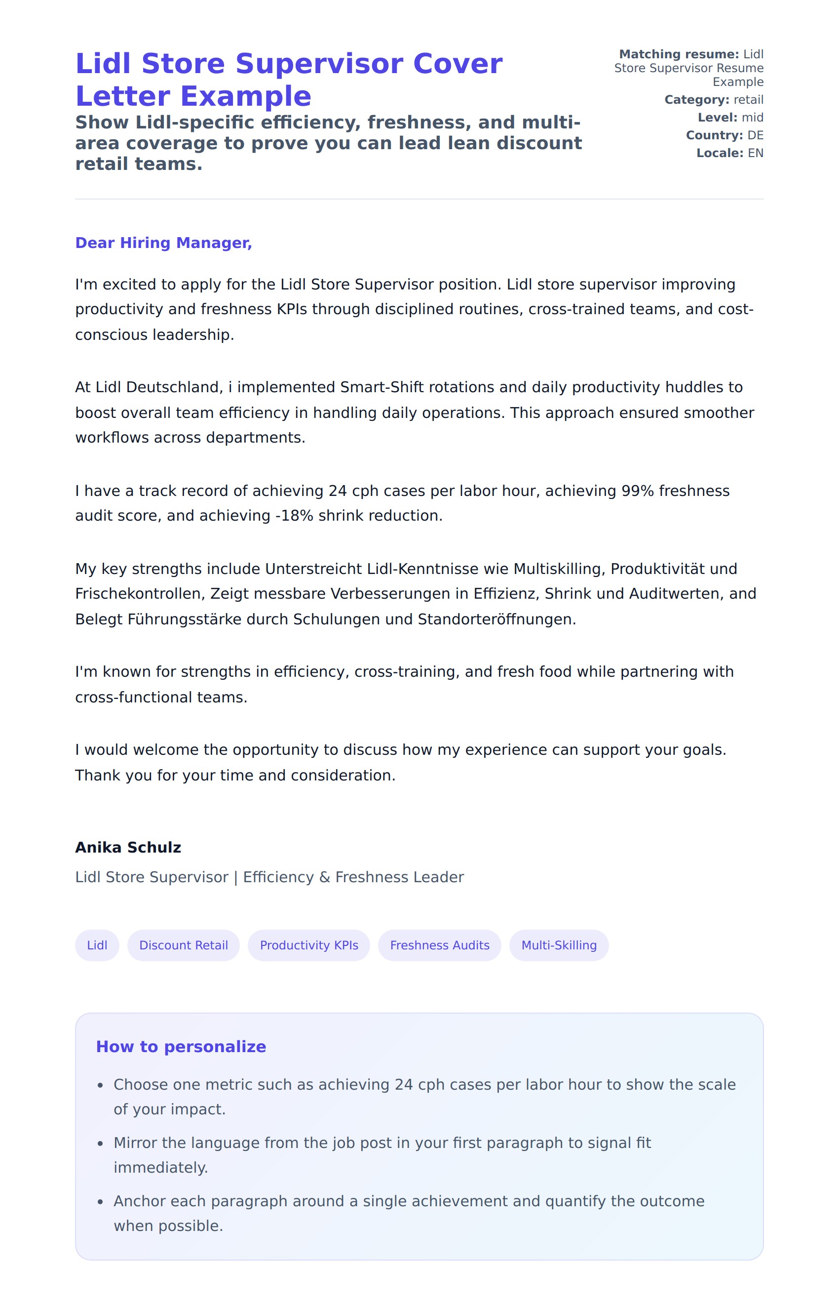 Cover Letter preview for Lidl Store Supervisor Cover Letter Example