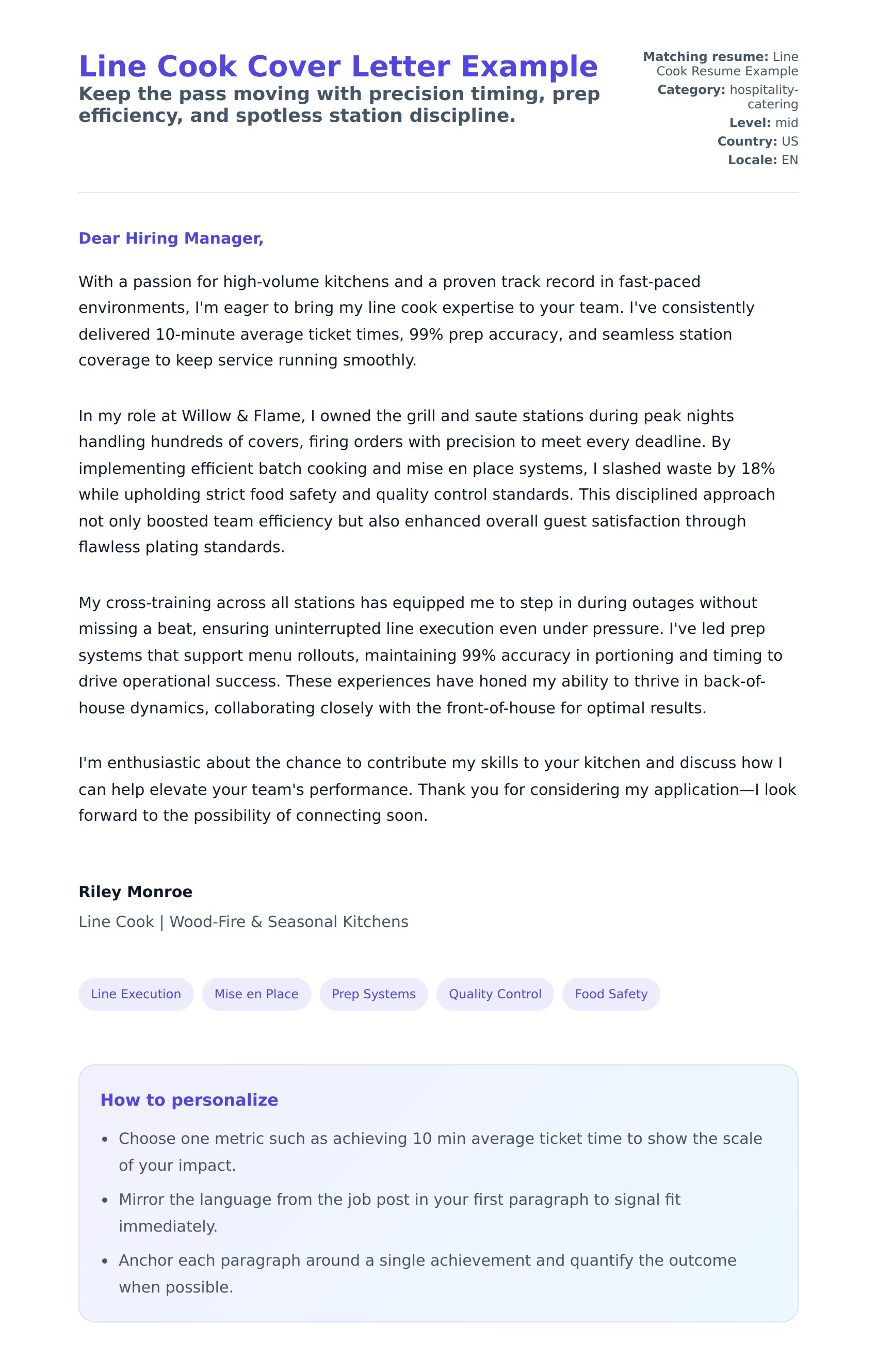 Cover Letter preview for Line Cook Cover Letter Example