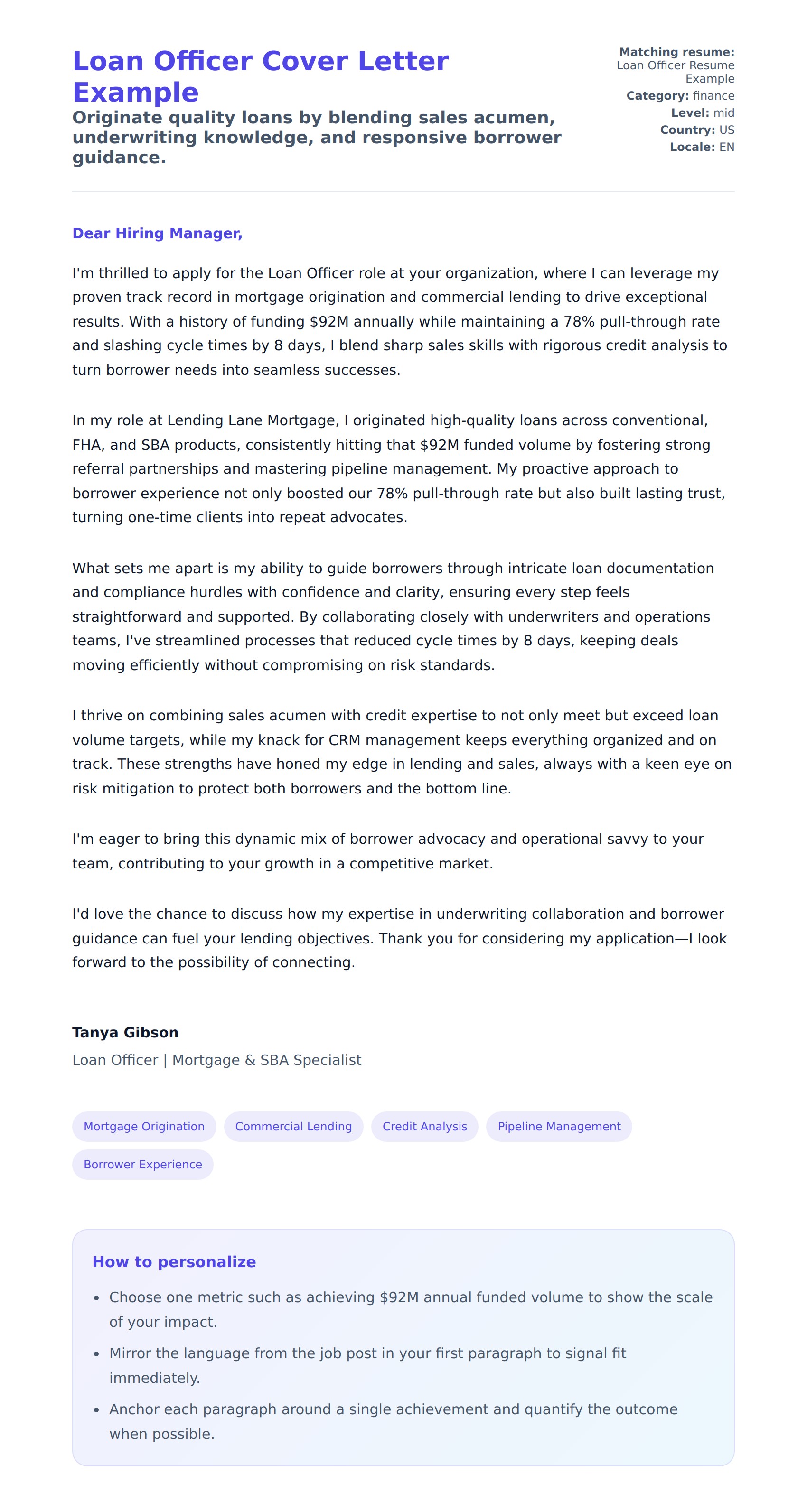Cover Letter preview for Loan Officer Cover Letter Example