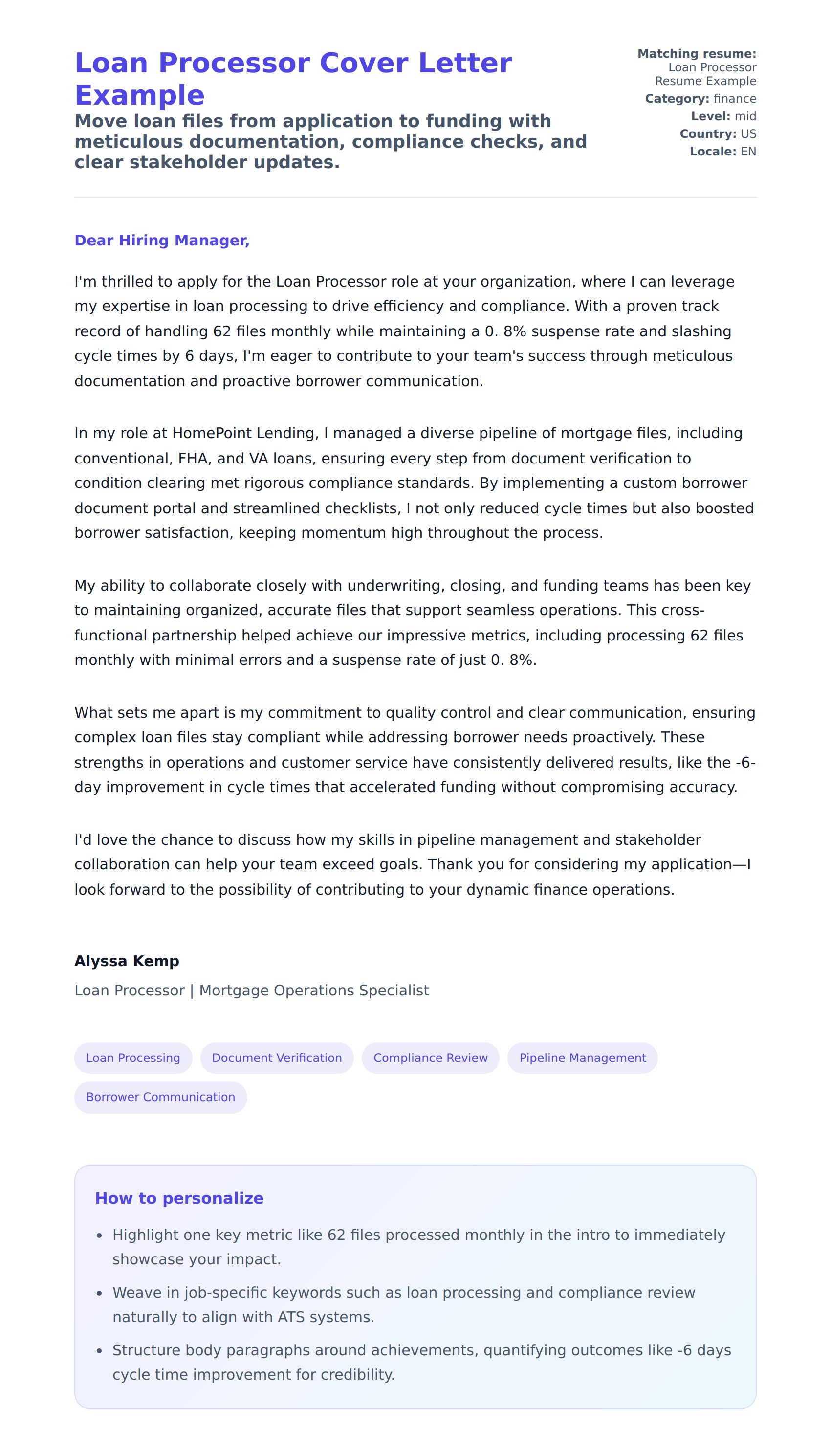 Cover Letter preview for Loan Processor Cover Letter Example