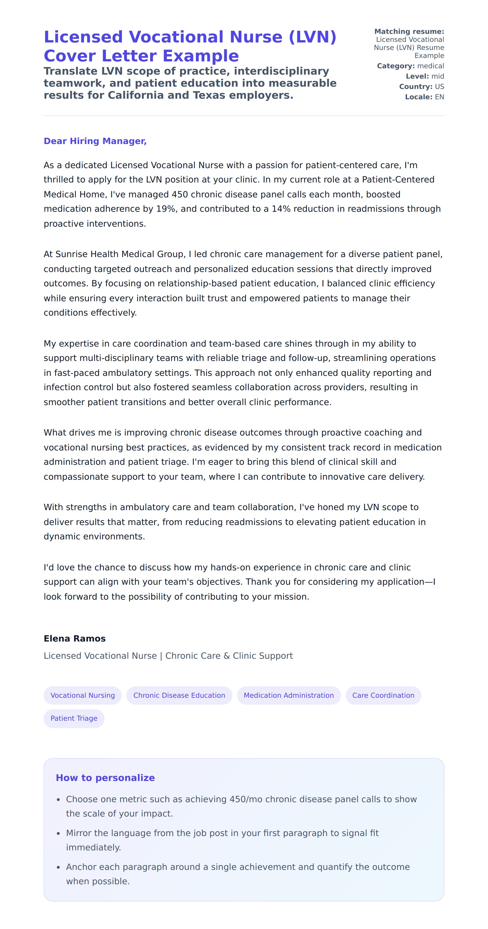 Cover Letter preview for Licensed Vocational Nurse (LVN) Cover Letter Example