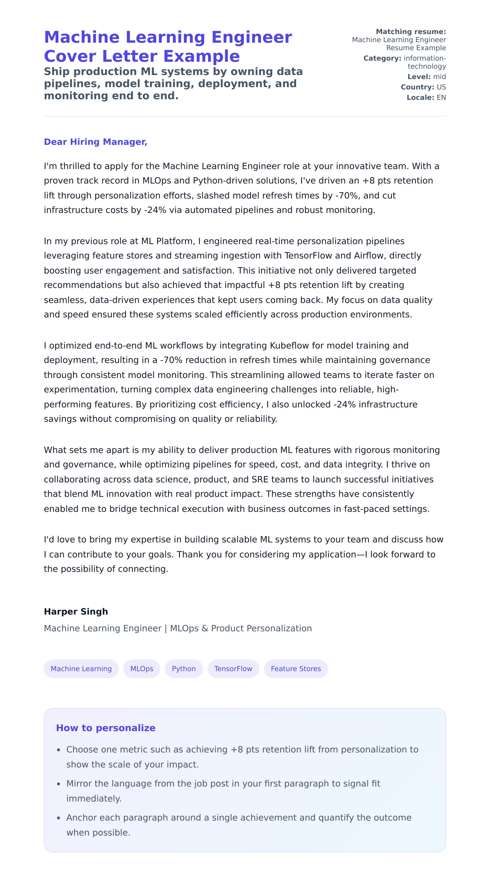 Cover Letter preview for Machine Learning Engineer Cover Letter Example