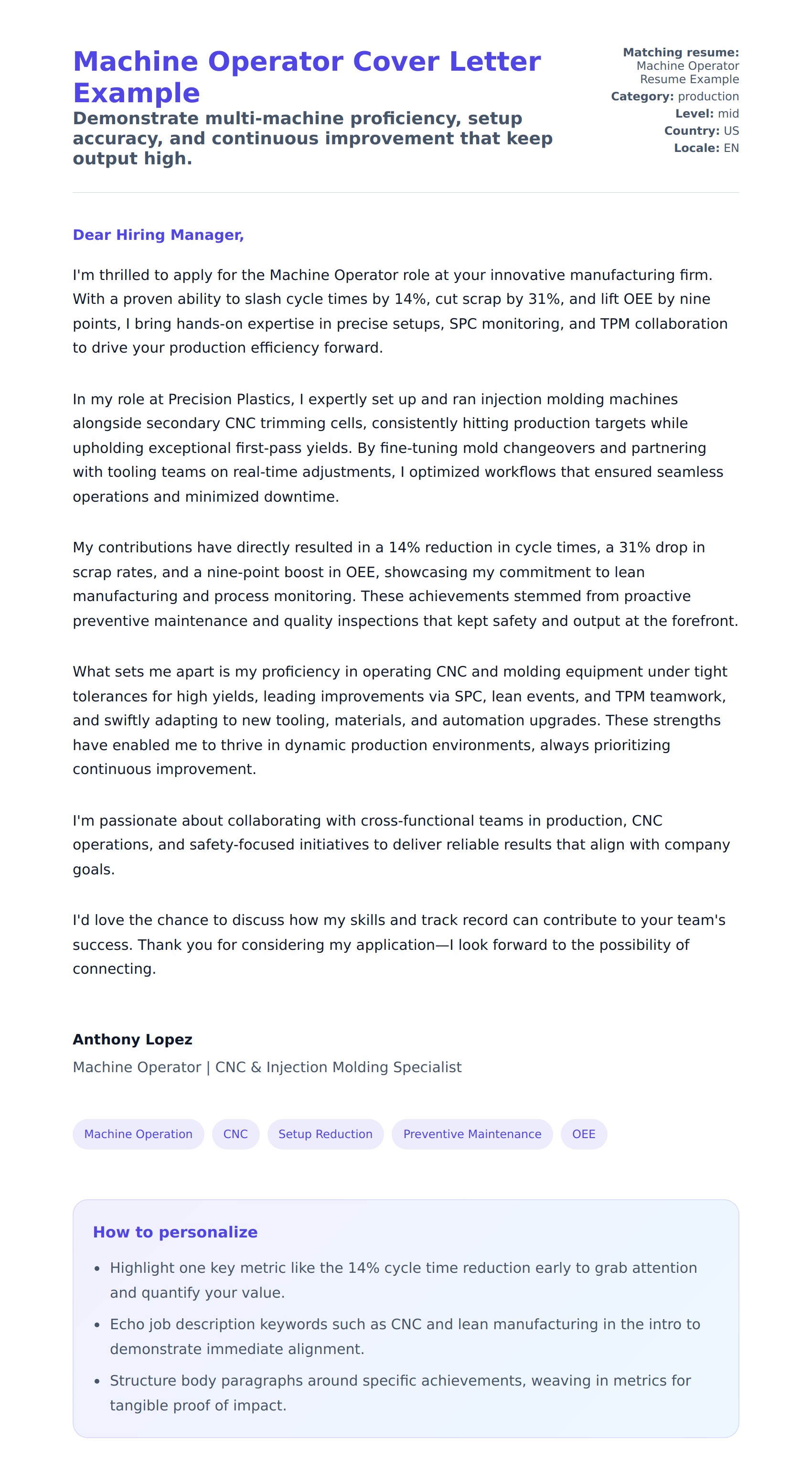 Cover Letter preview for Machine Operator Cover Letter Example