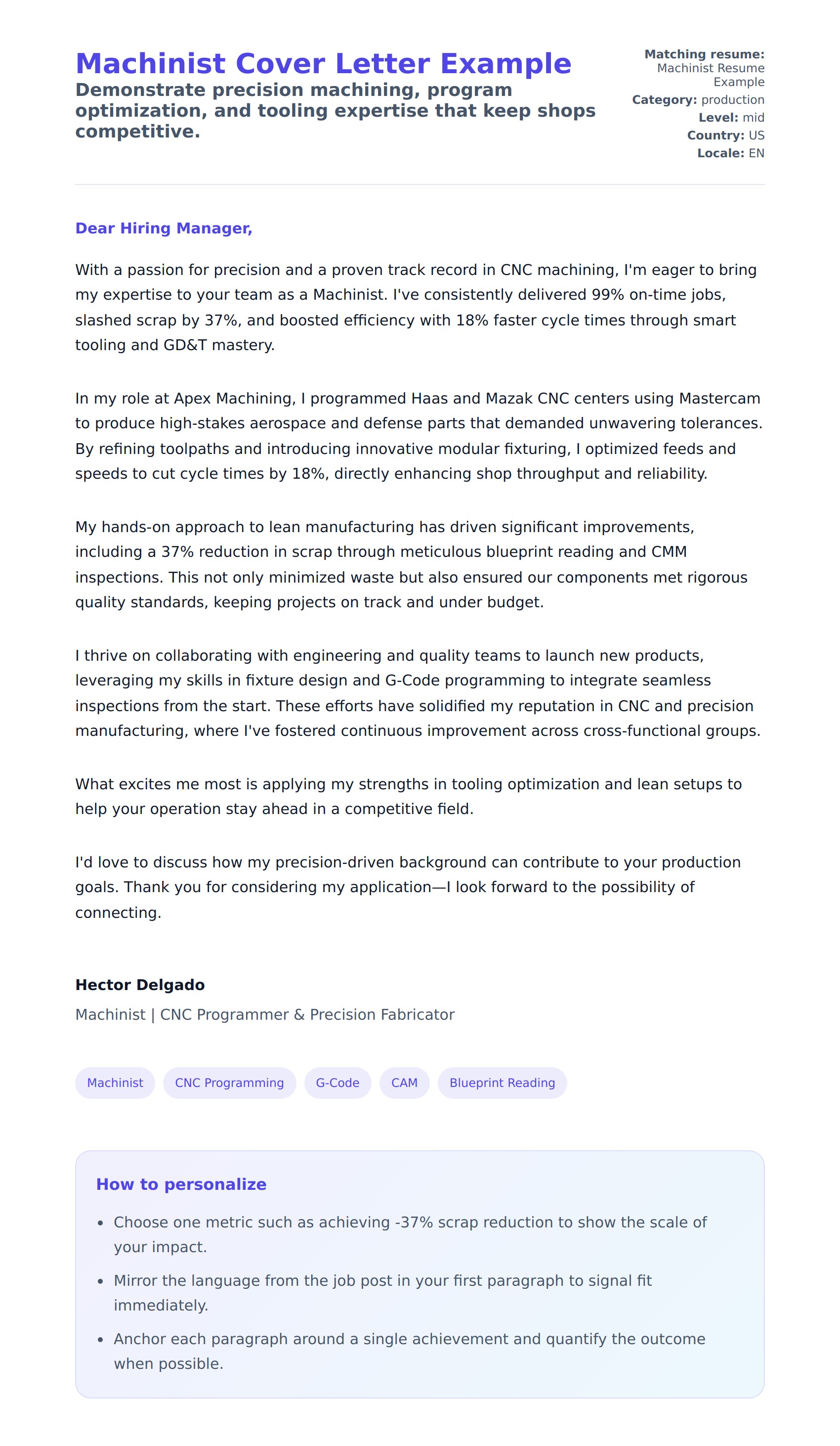 Cover Letter preview for Machinist Cover Letter Example
