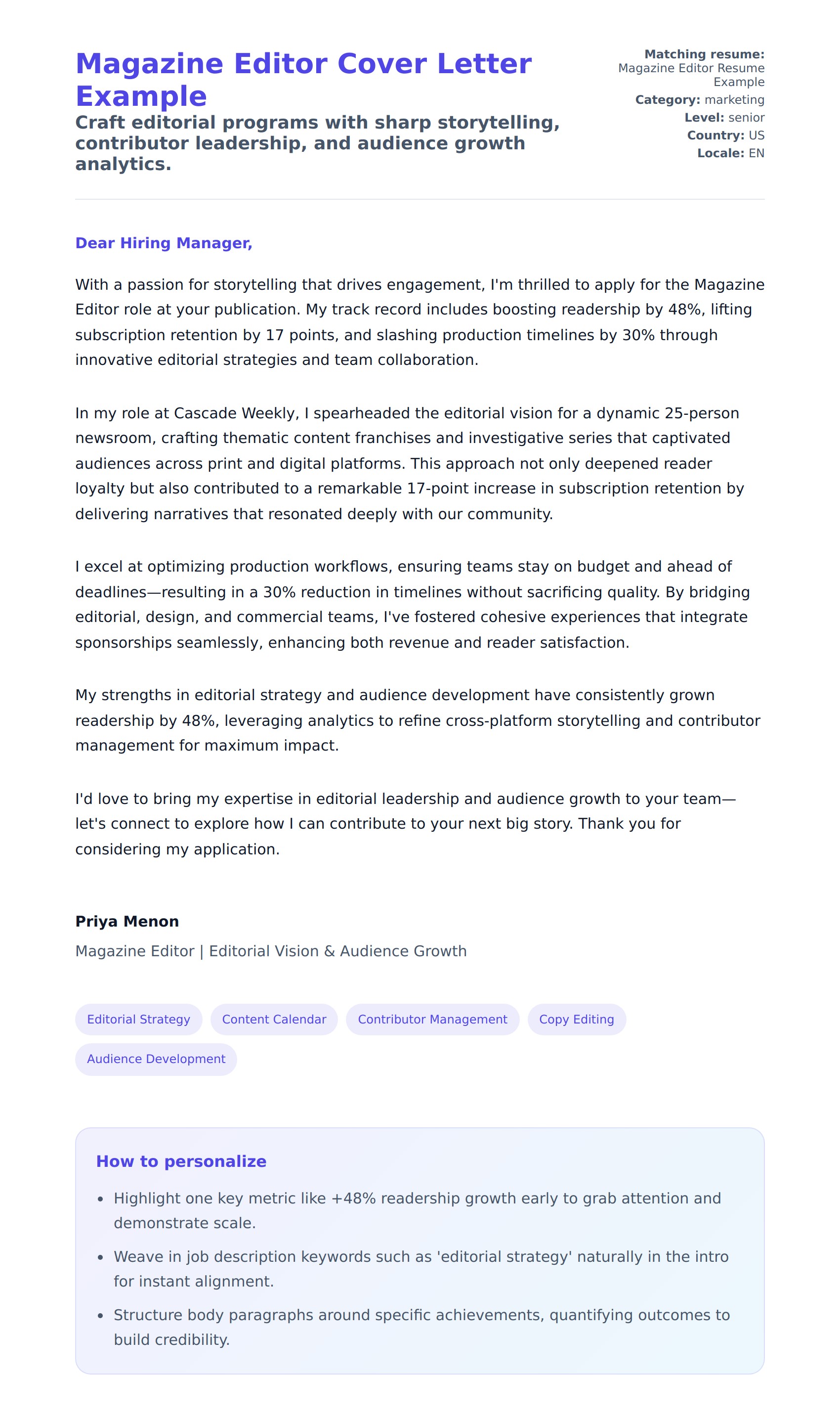 Cover Letter preview for Magazine Editor Cover Letter Example
