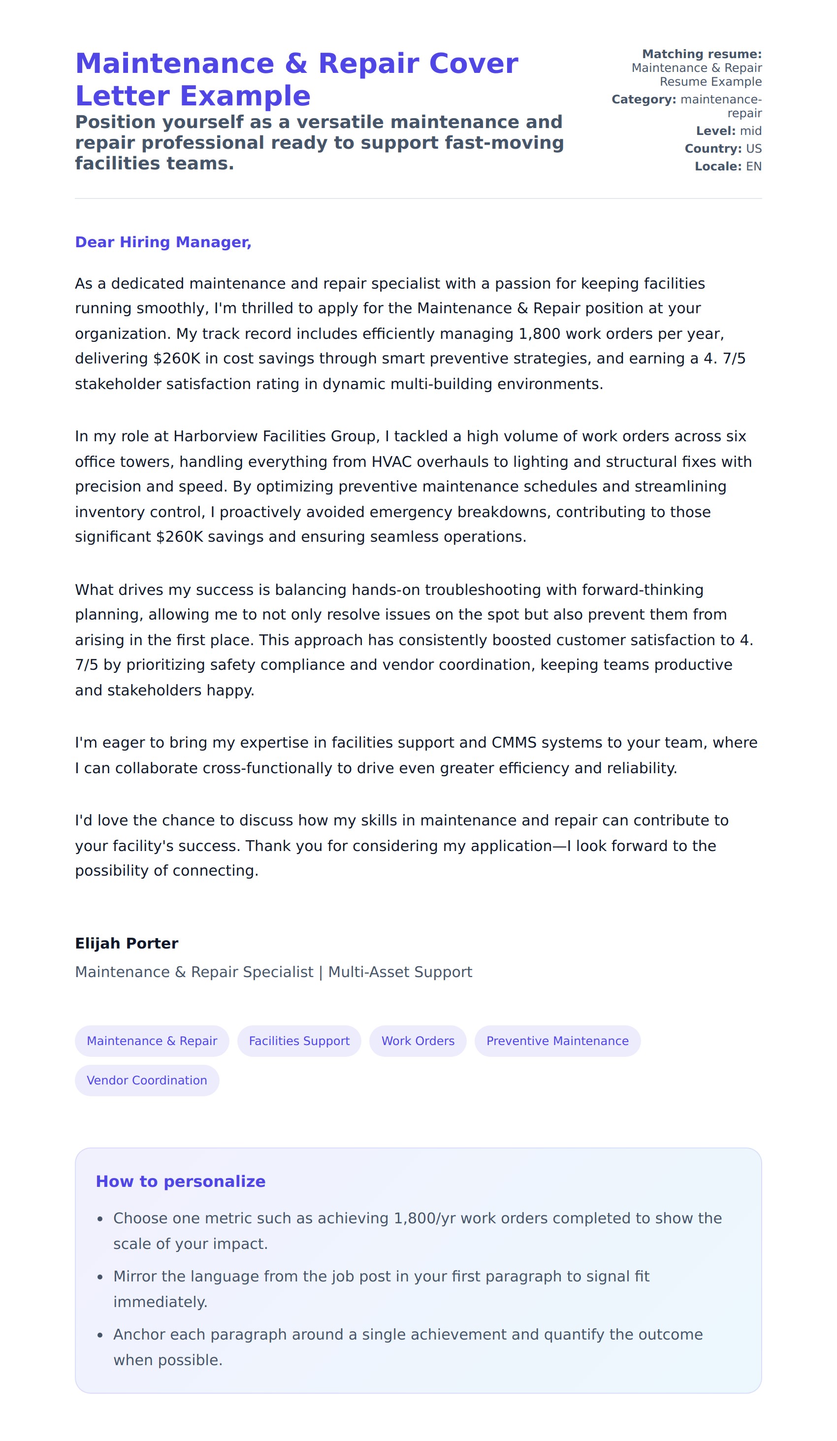 Cover Letter preview for Maintenance & Repair Cover Letter Example