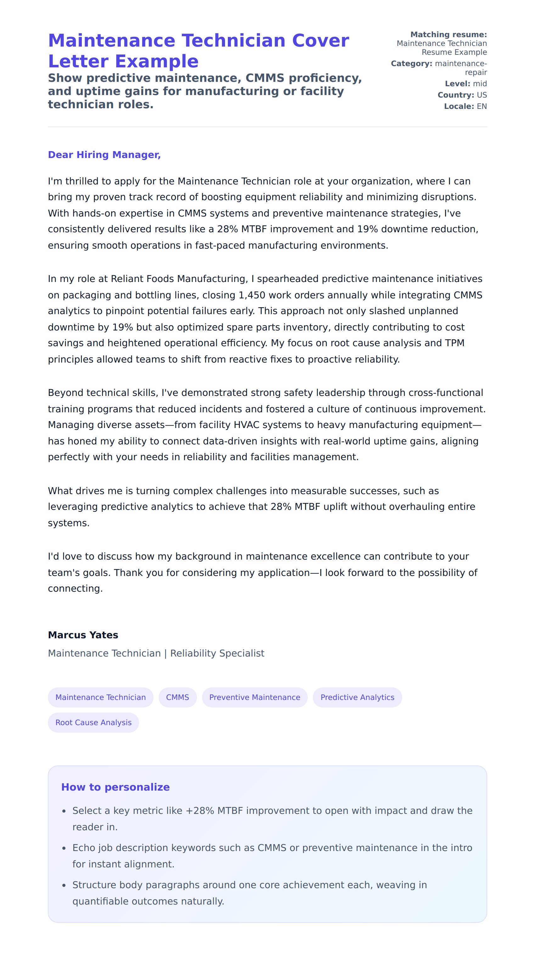 Cover Letter preview for Maintenance Technician Cover Letter Example