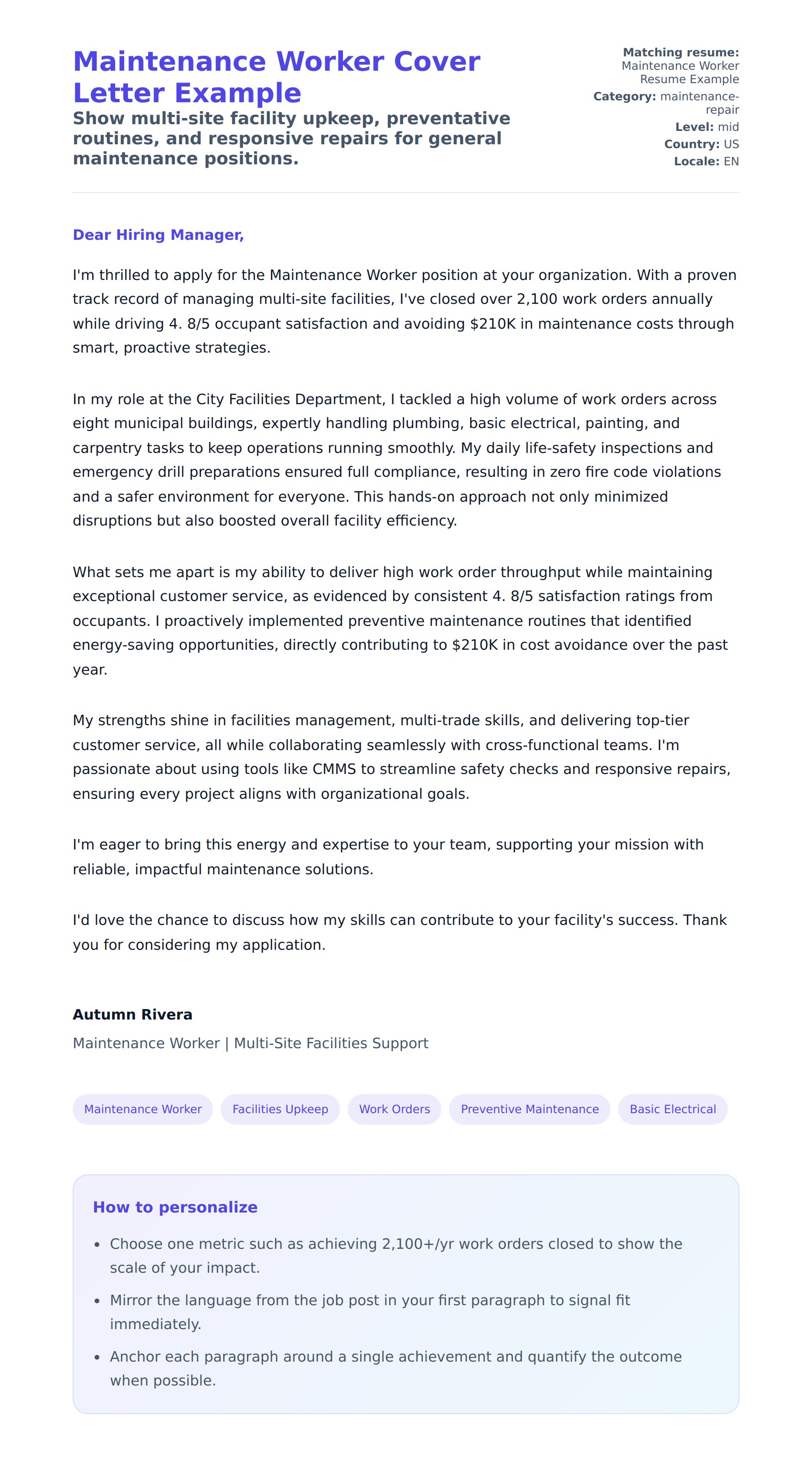 Cover Letter preview for Maintenance Worker Cover Letter Example