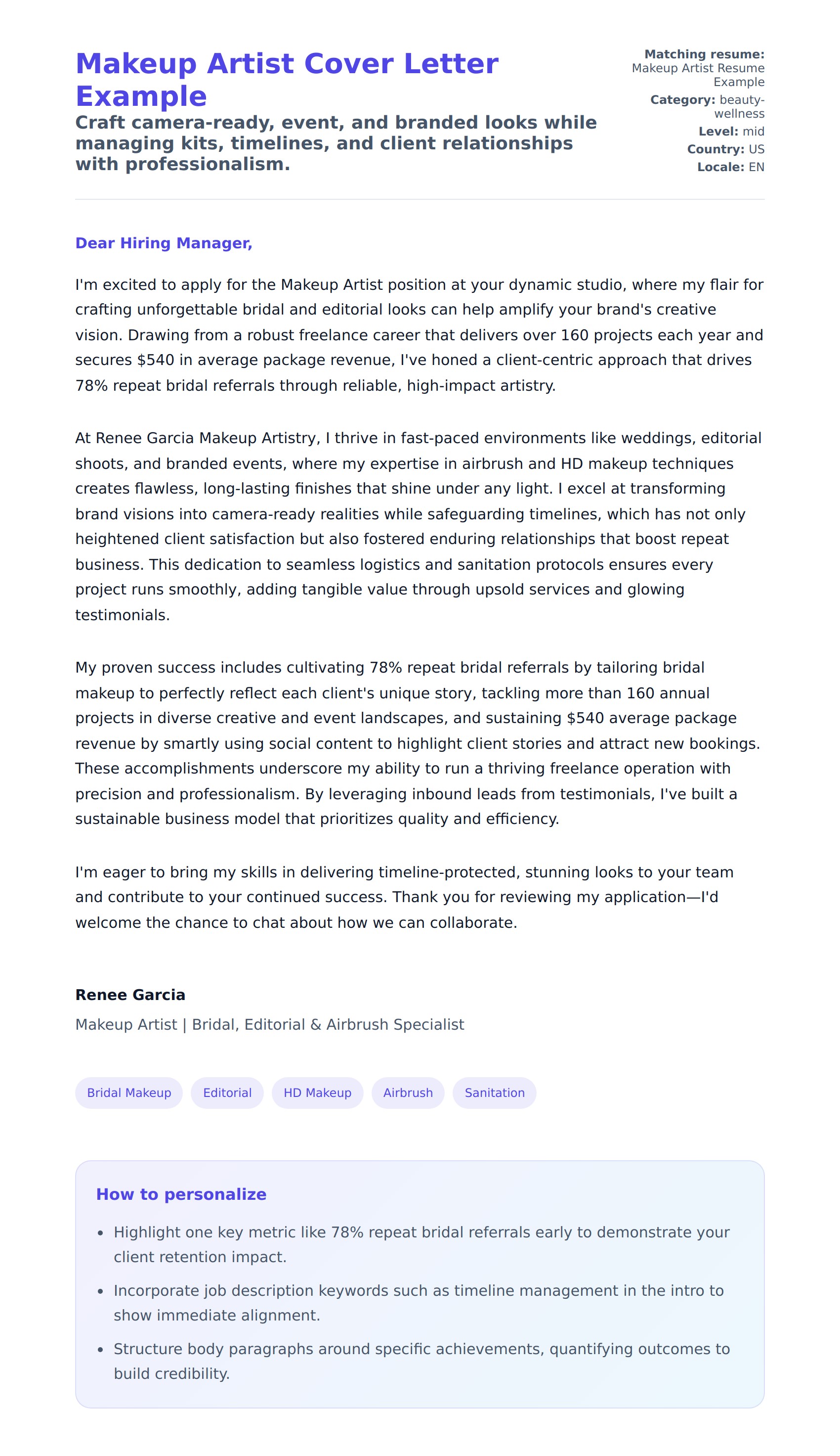 Cover Letter preview for Makeup Artist Cover Letter Example