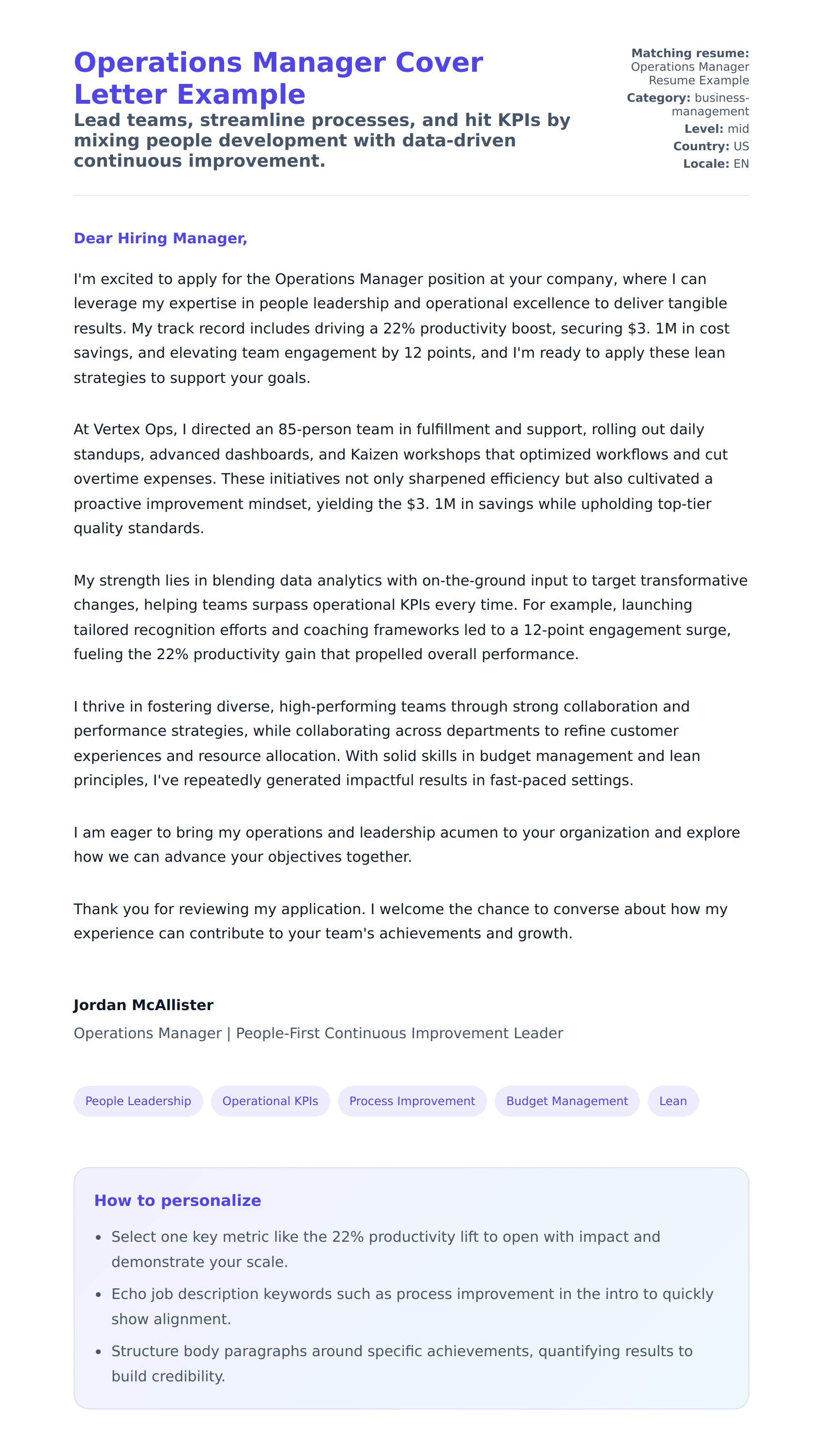 Cover Letter preview for Operations Manager Cover Letter Example