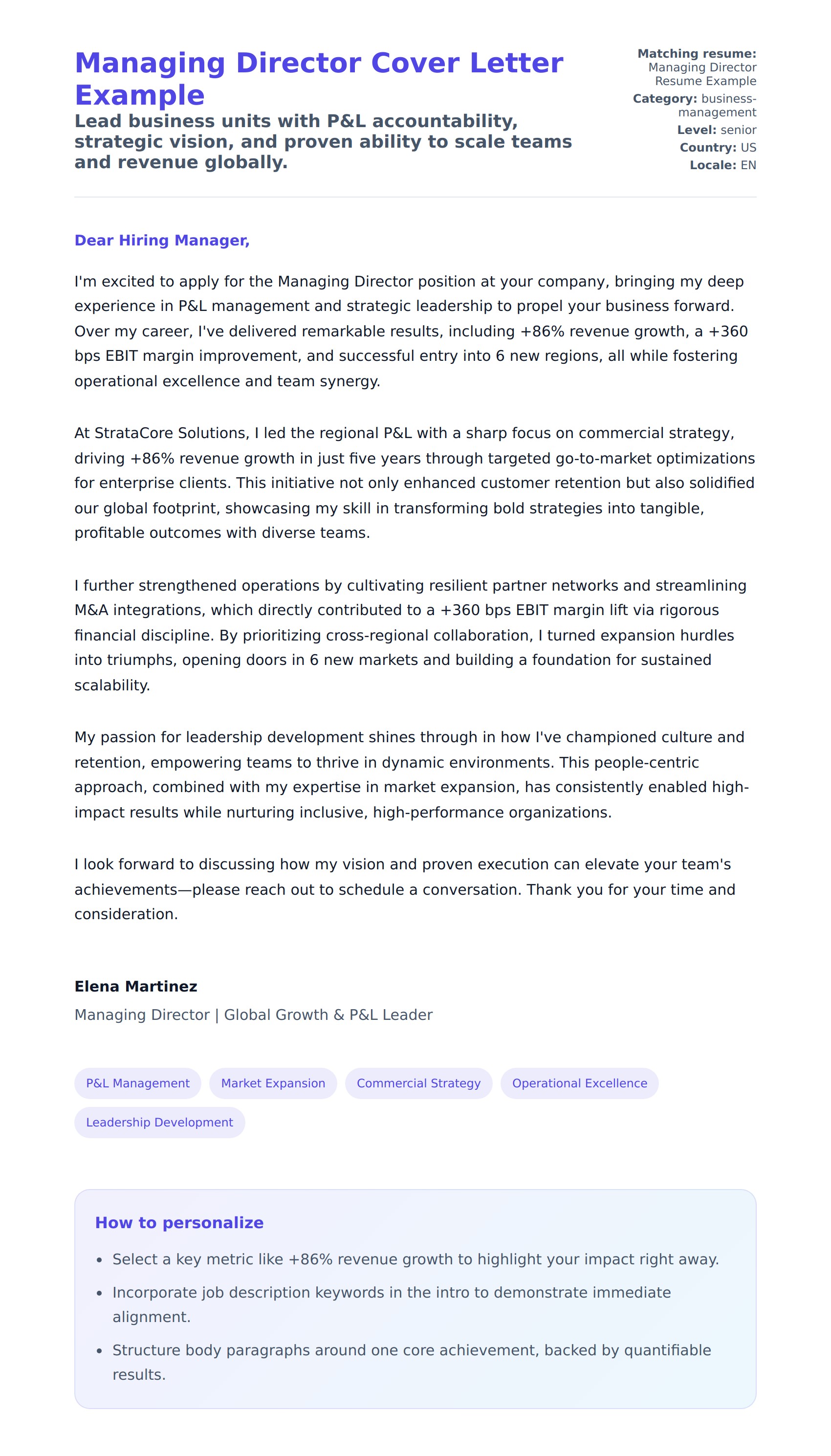 Cover Letter preview for Managing Director Cover Letter Example