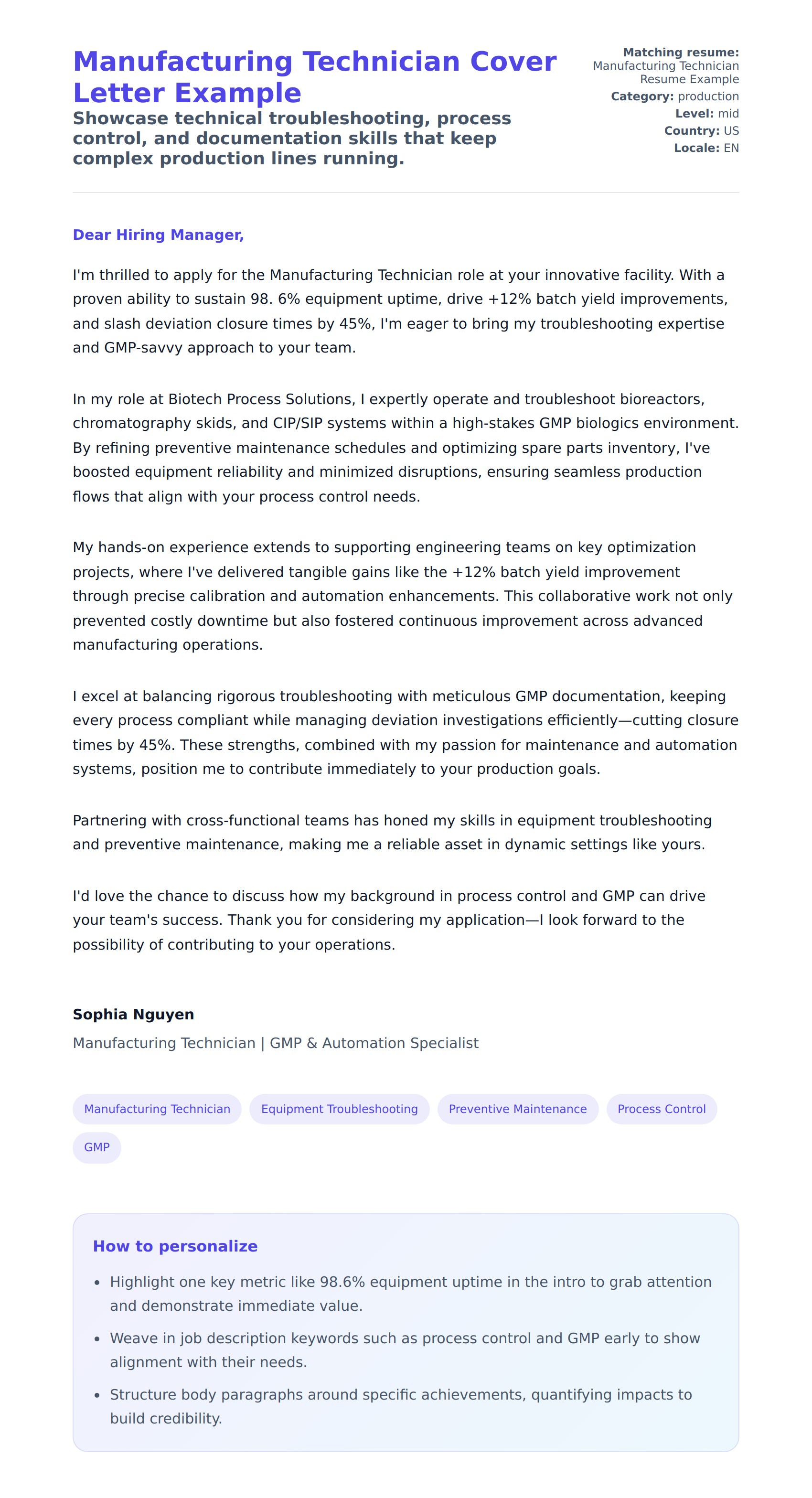 Cover Letter preview for Manufacturing Technician Cover Letter Example