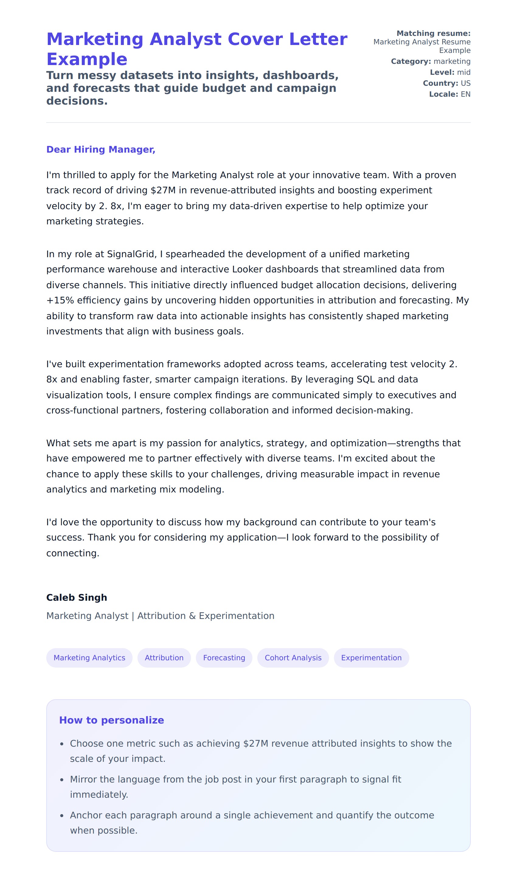Cover Letter preview for Marketing Analyst Cover Letter Example