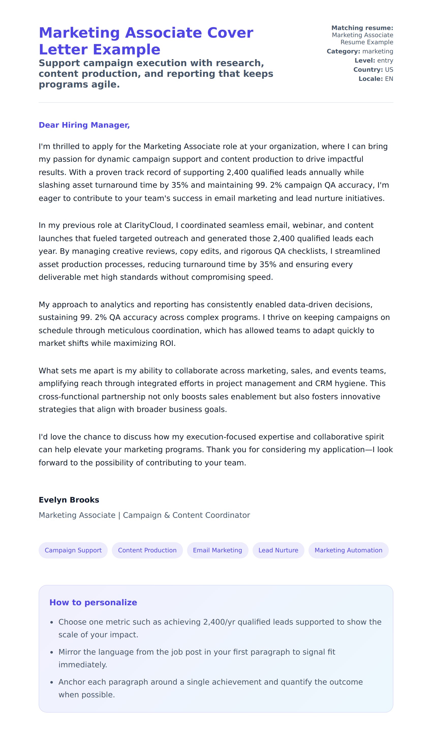Cover Letter preview for Marketing Associate Cover Letter Example