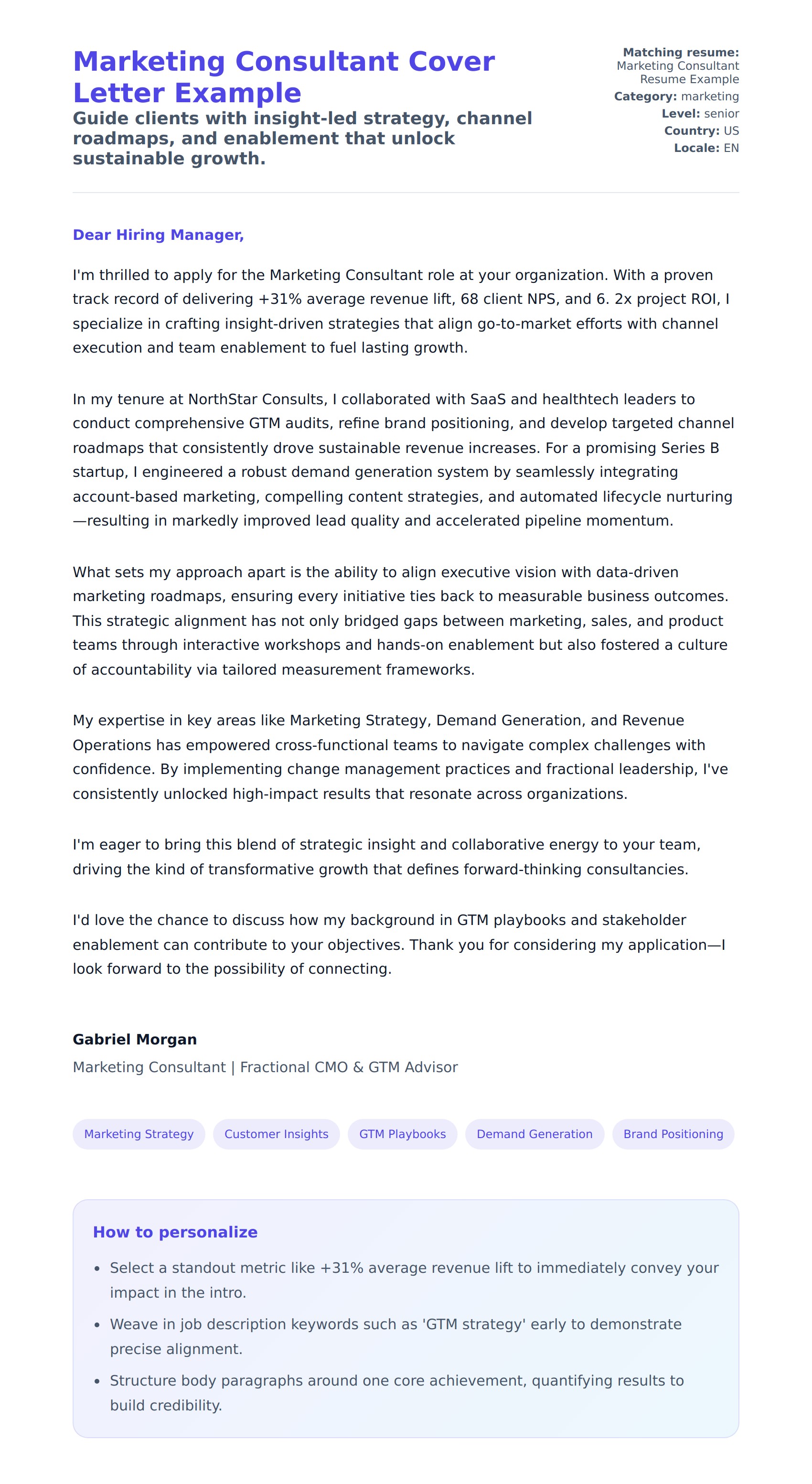 Cover Letter preview for Marketing Consultant Cover Letter Example
