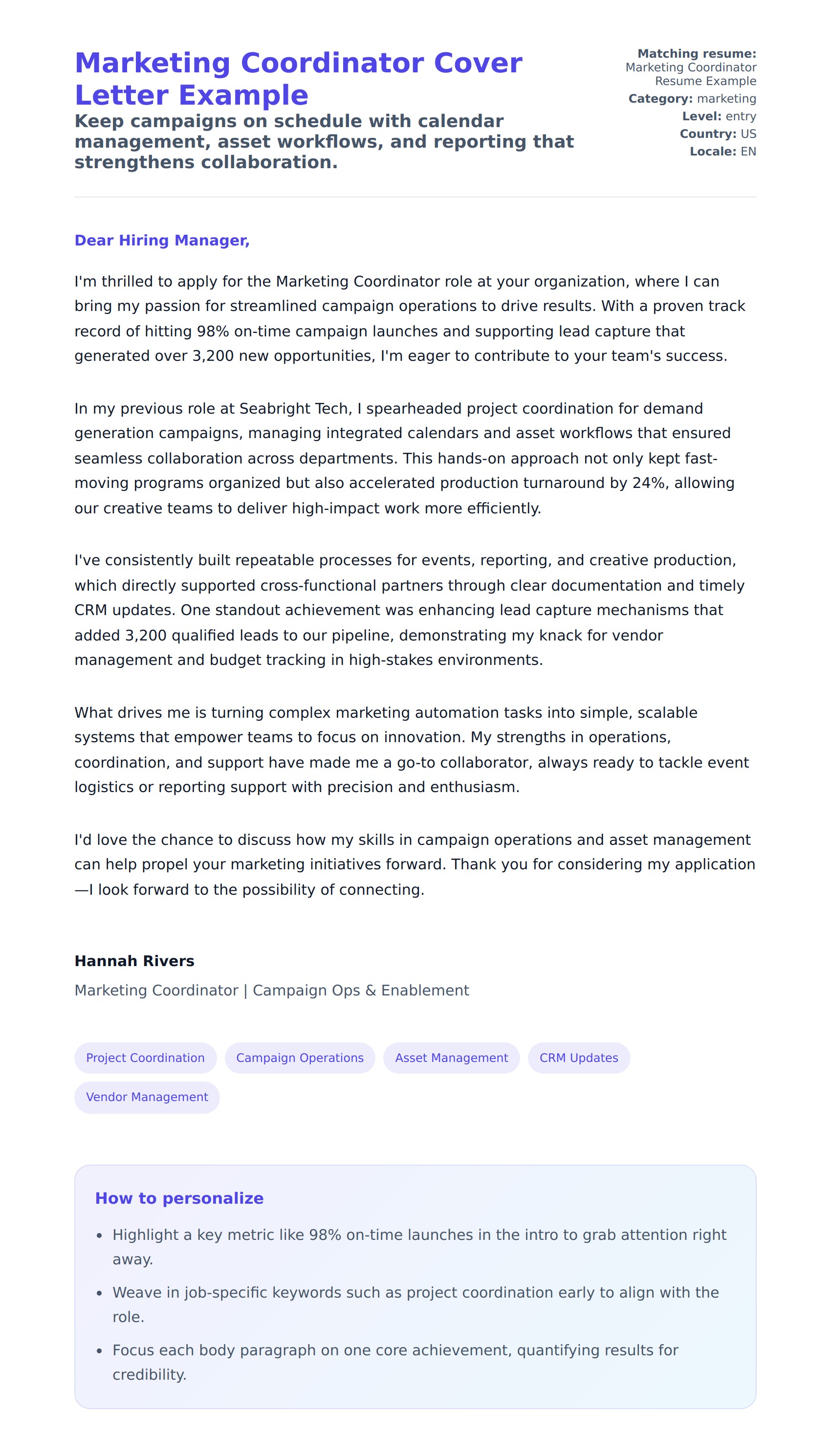 Cover Letter preview for Marketing Coordinator Cover Letter Example