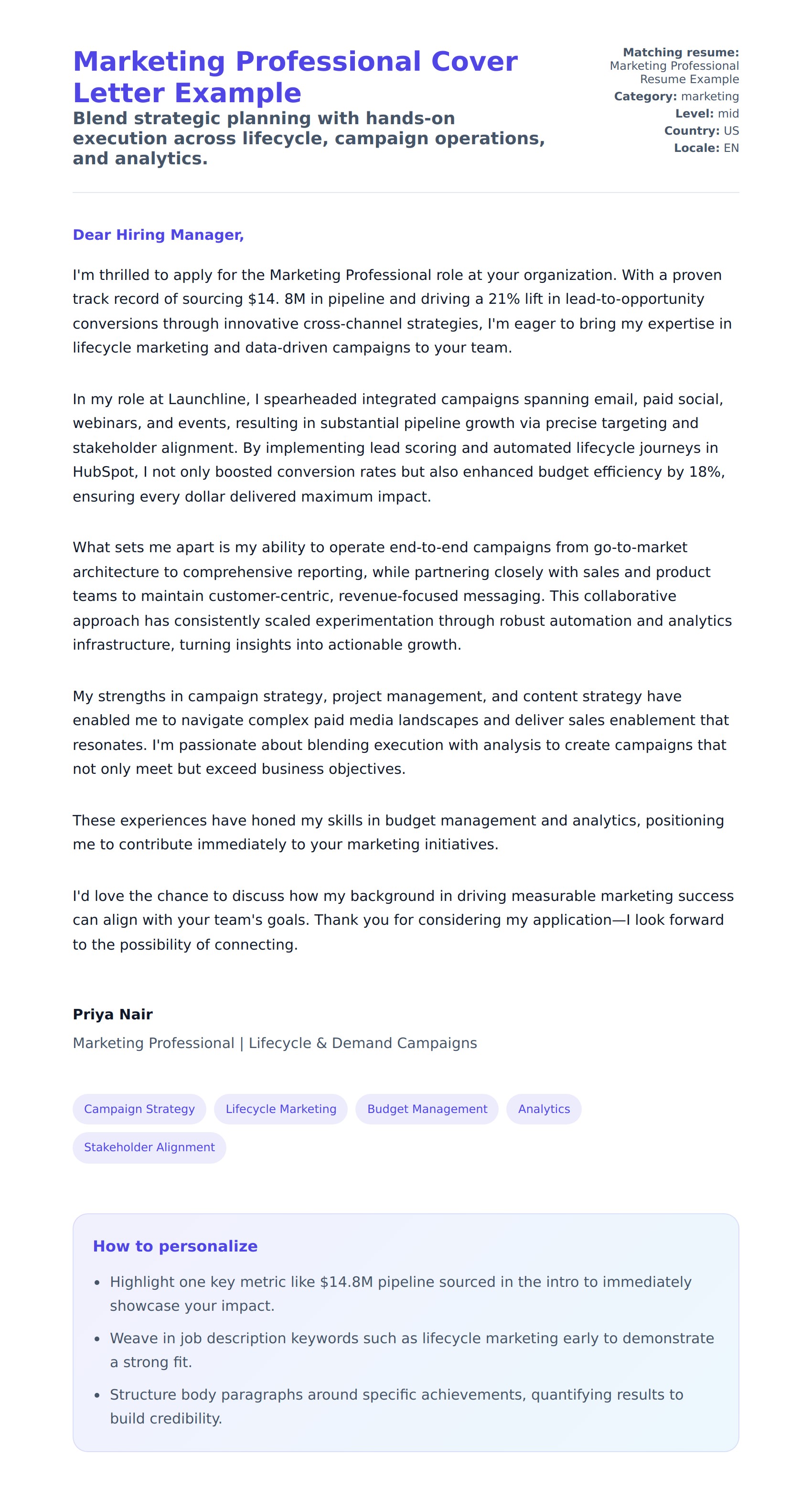 Cover Letter preview for Marketing Professional Cover Letter Example