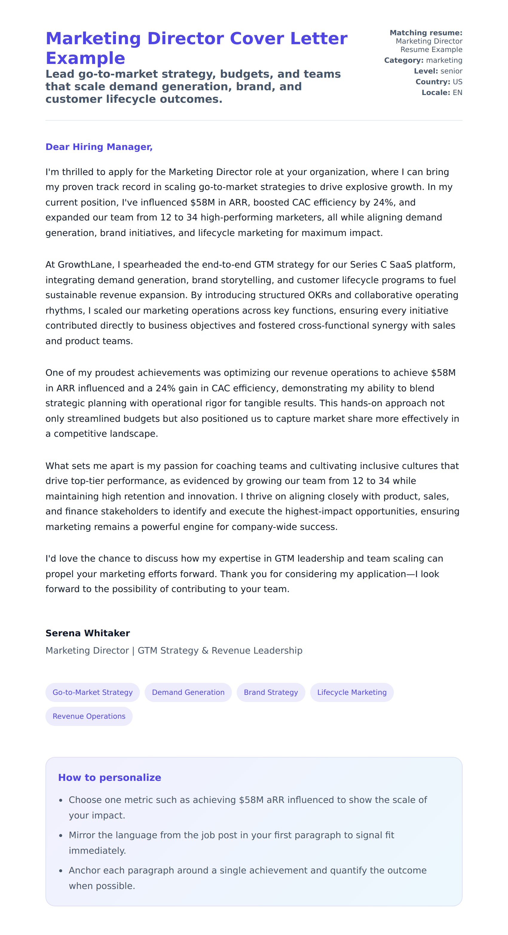 Cover Letter preview for Marketing Director Cover Letter Example