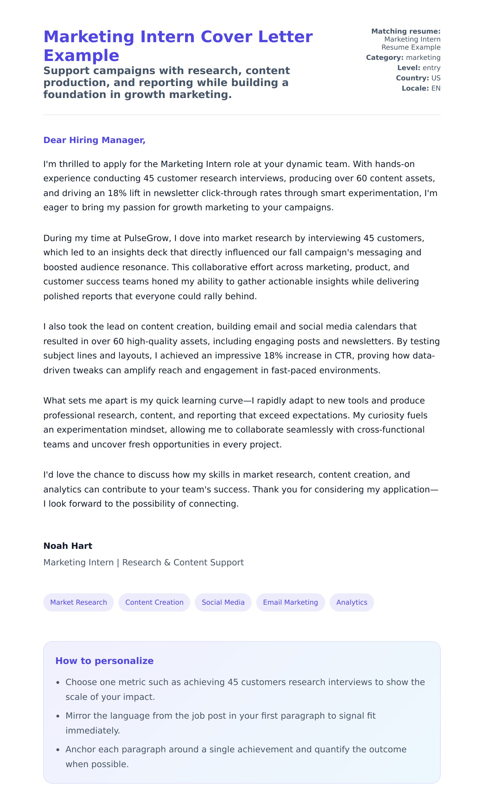 Cover Letter preview for Marketing Intern Cover Letter Example