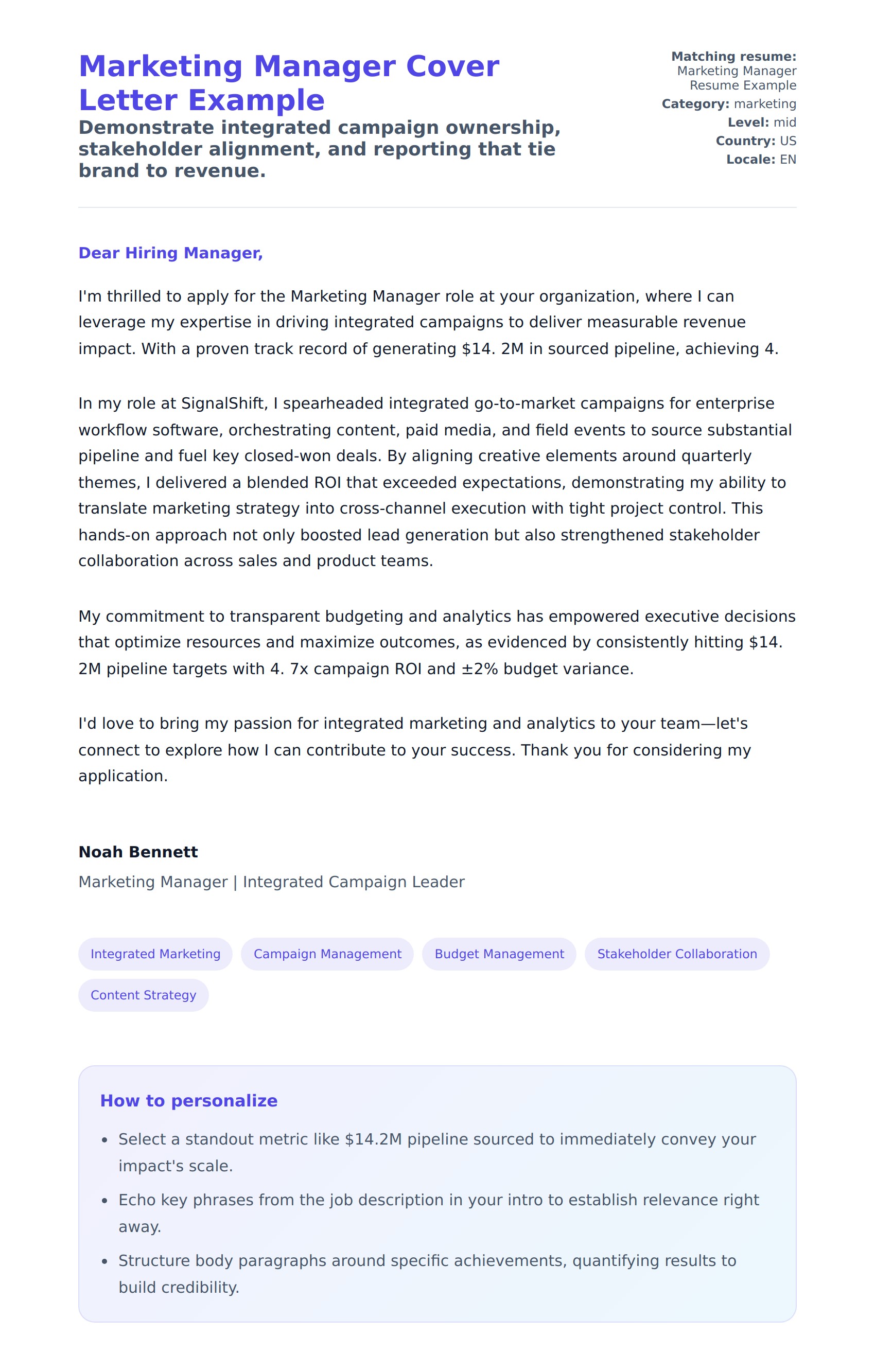 Cover Letter preview for Marketing Manager Cover Letter Example