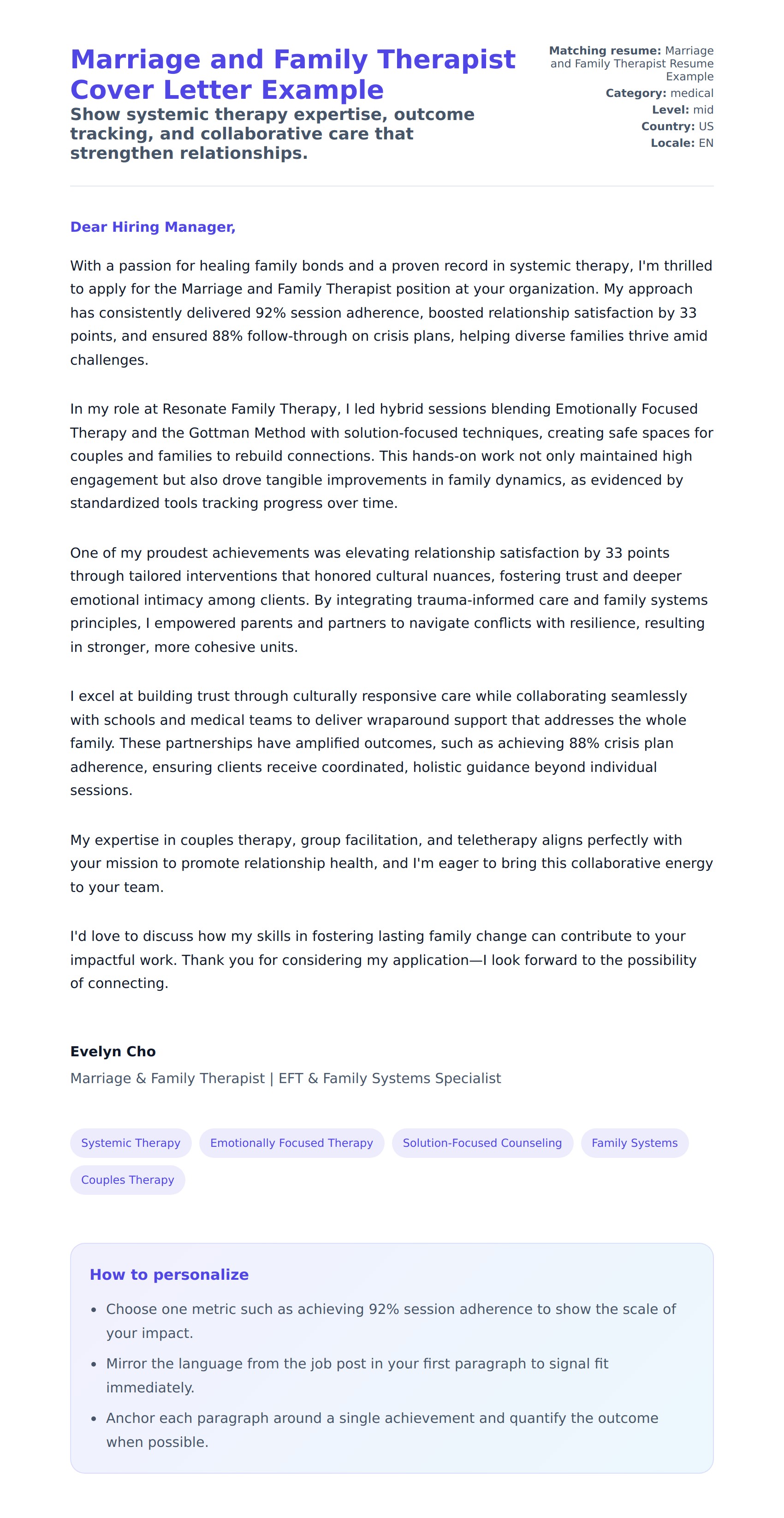 Cover Letter preview for Marriage and Family Therapist Cover Letter Example
