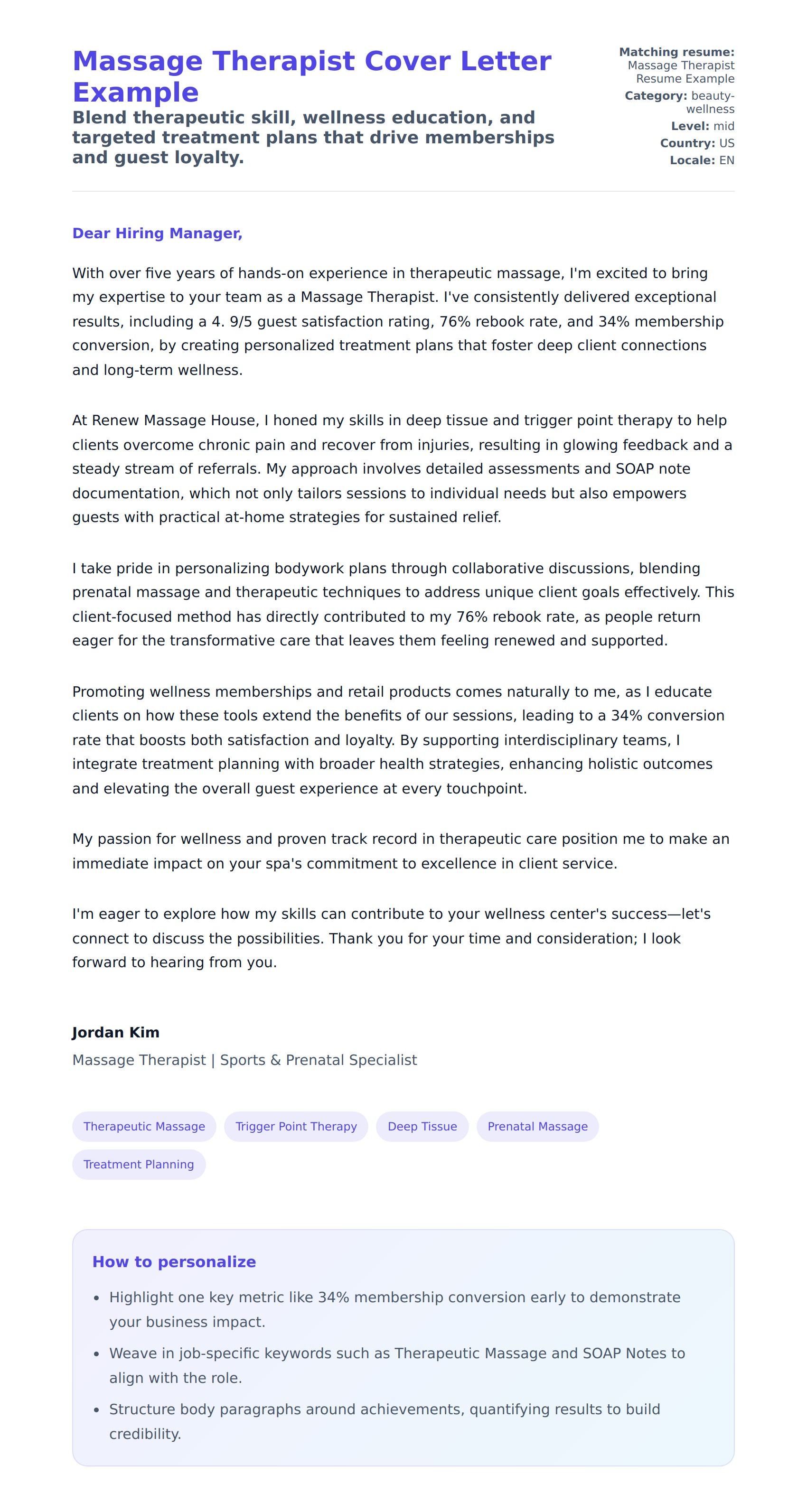 Cover Letter preview for Massage Therapist Cover Letter Example