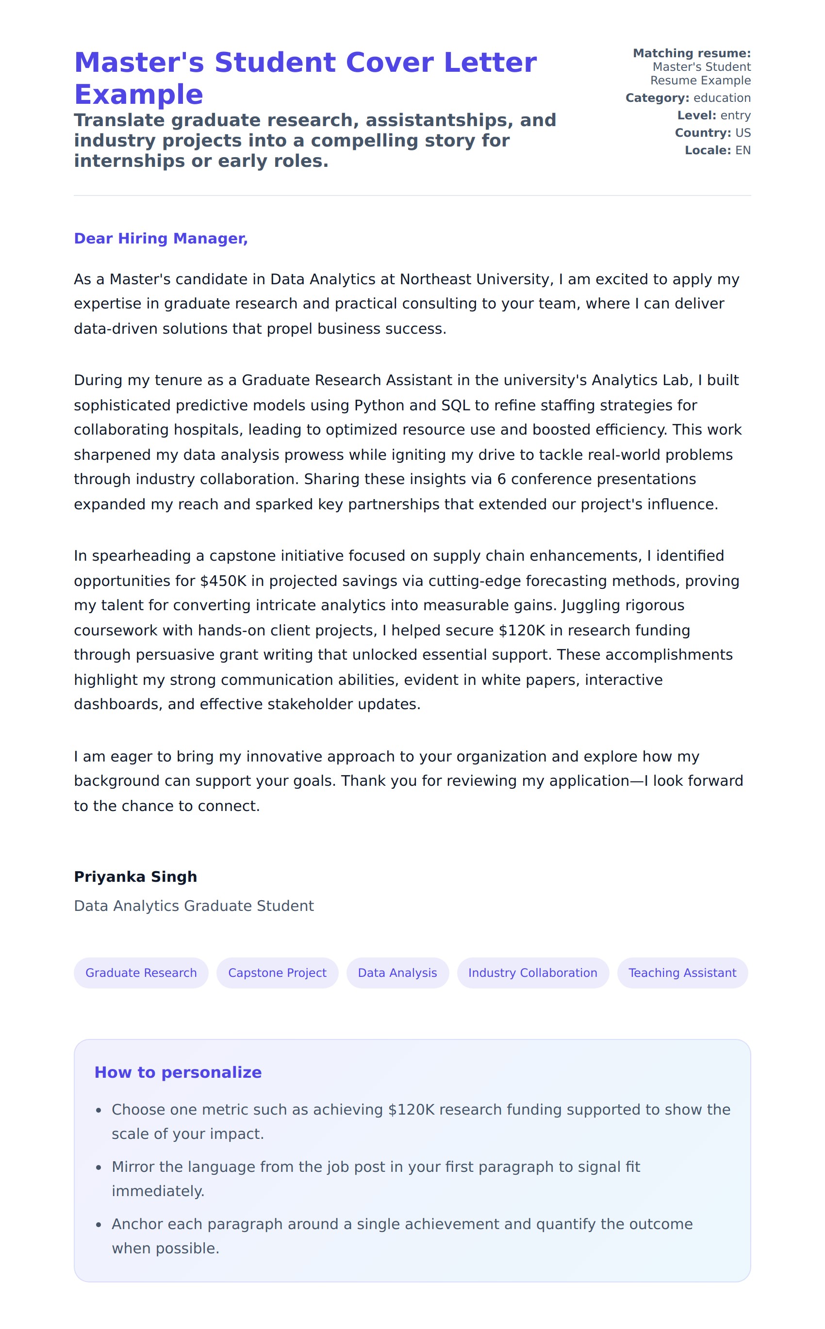 Cover Letter preview for Master's Student Cover Letter Example