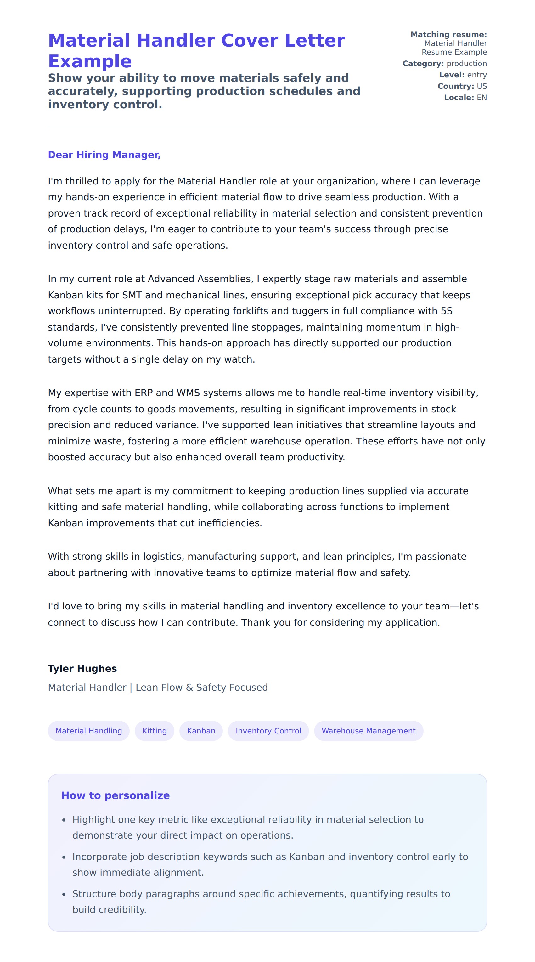 Cover Letter preview for Material Handler Cover Letter Example