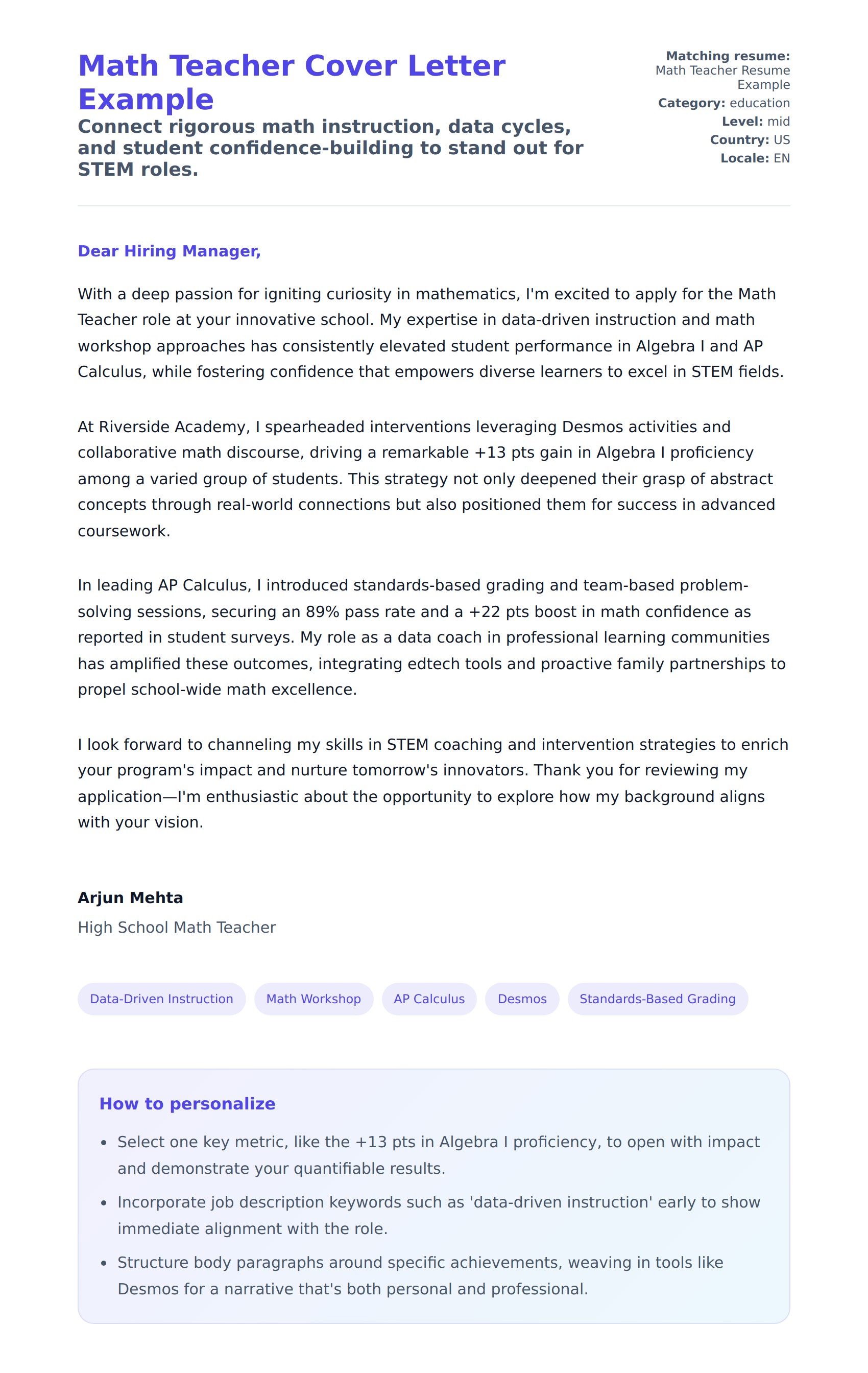 Cover Letter preview for Math Teacher Cover Letter Example