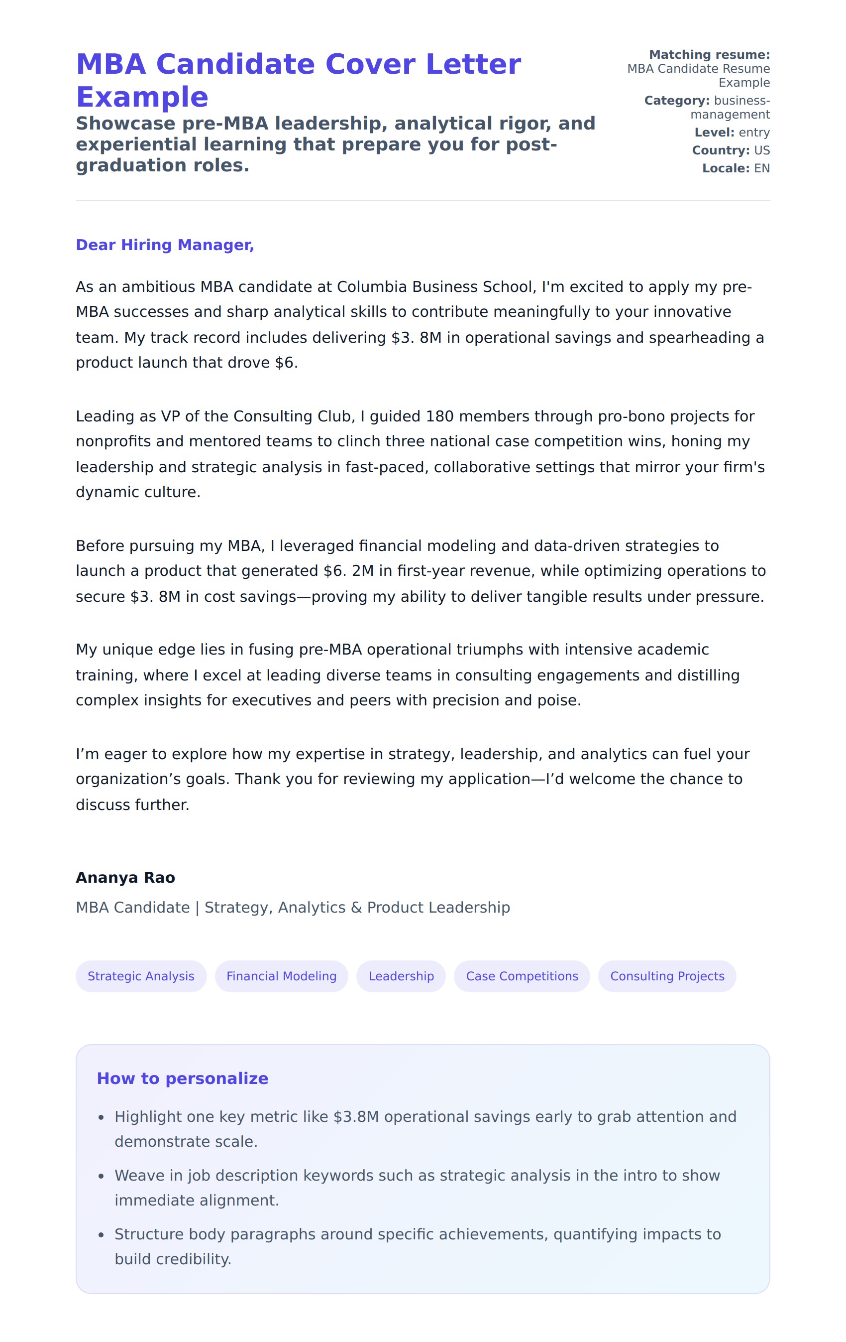 Cover Letter preview for MBA Candidate Cover Letter Example