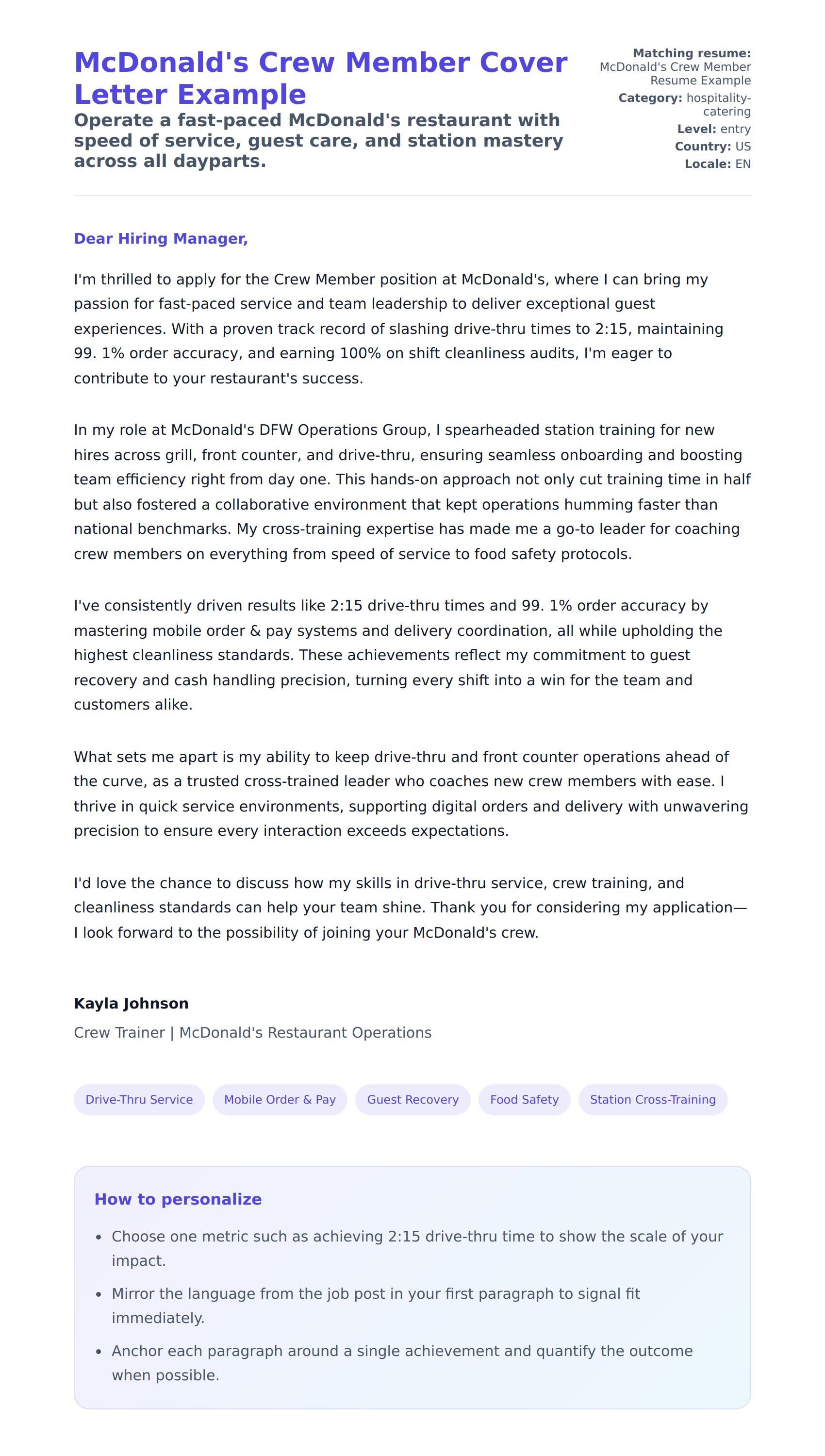 Cover Letter preview for McDonald's Crew Member Cover Letter Example