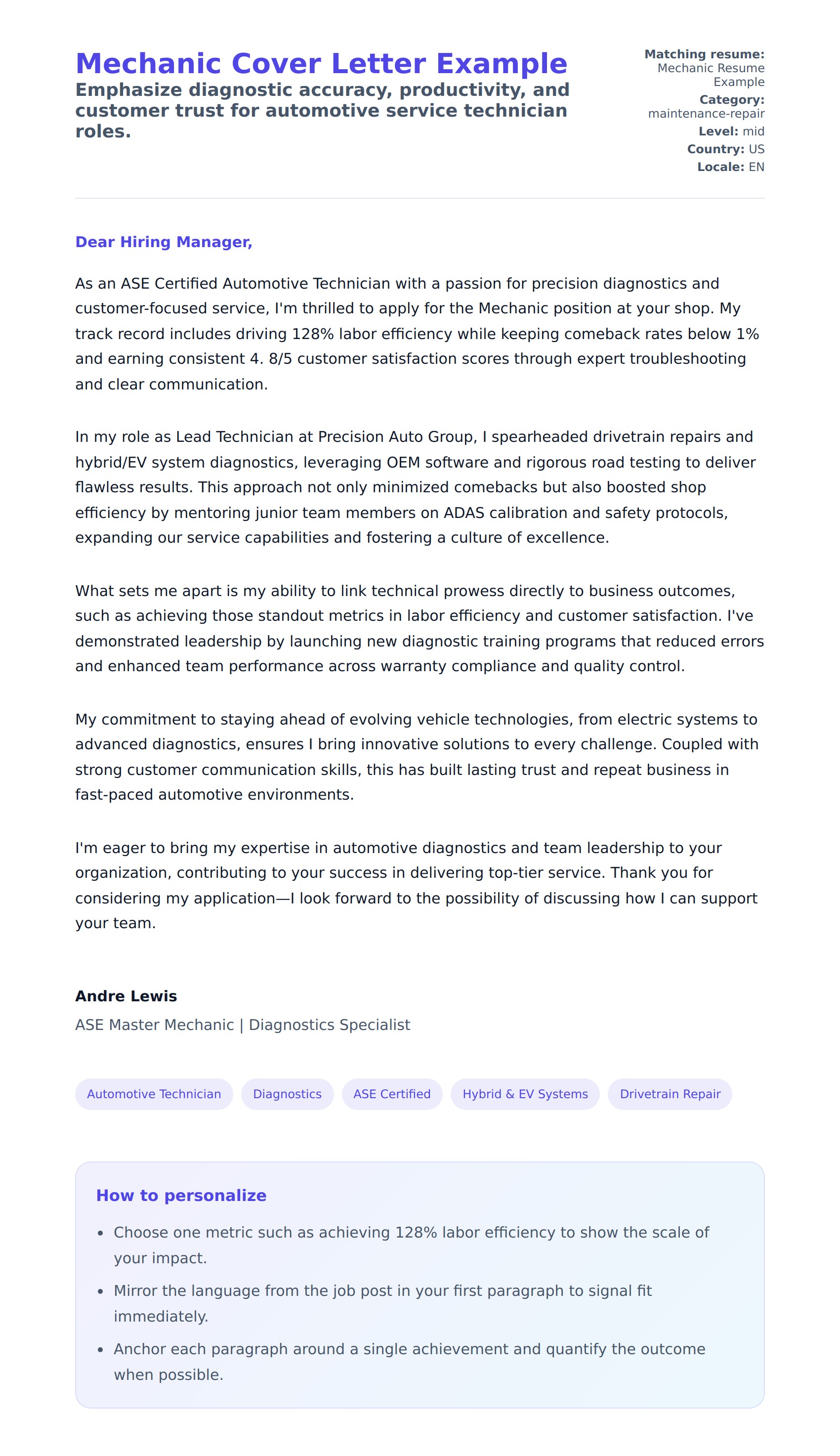 Cover Letter preview for Mechanic Cover Letter Example