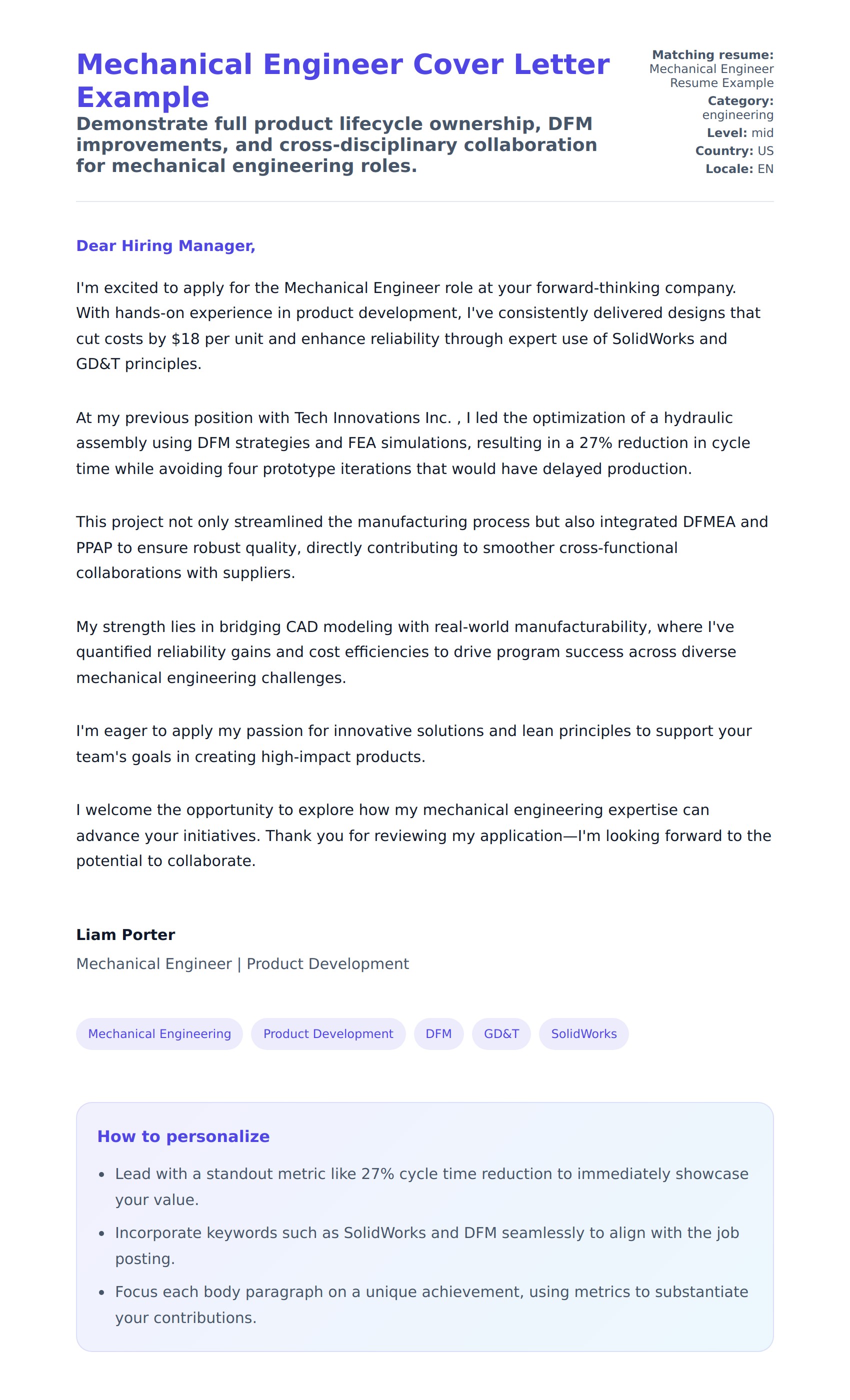 Cover Letter preview for Mechanical Engineer Cover Letter Example