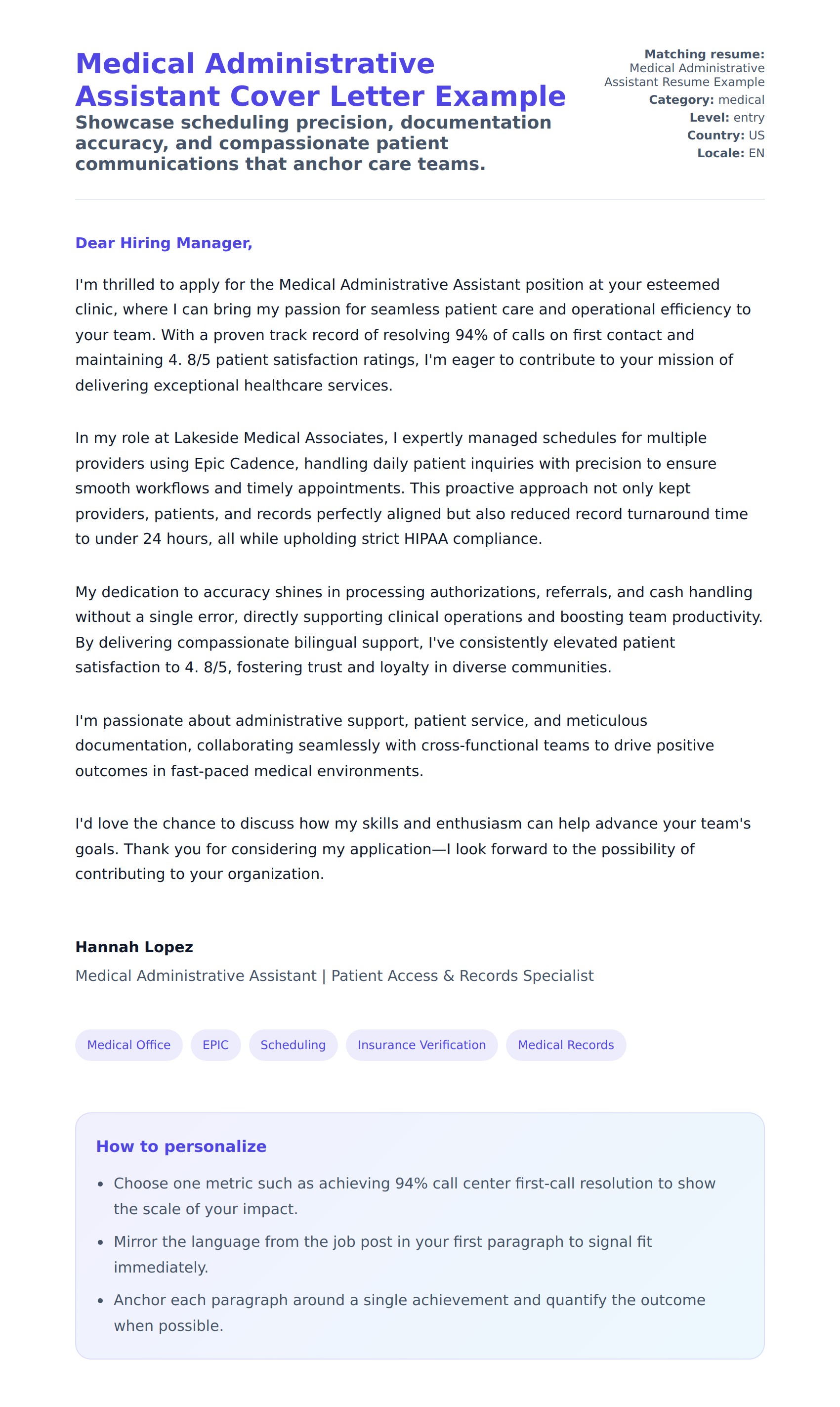 Cover Letter preview for Medical Administrative Assistant Cover Letter Example