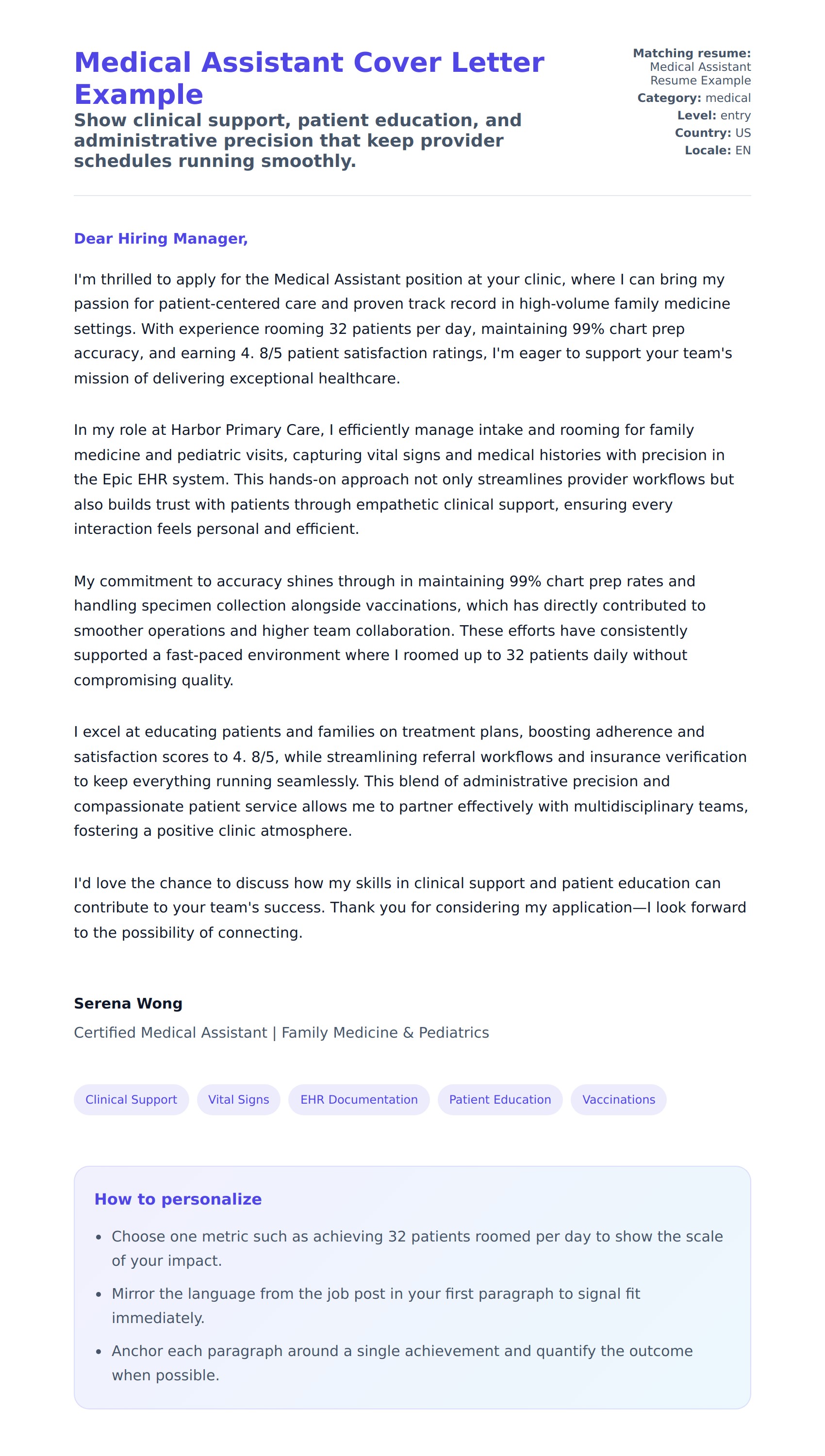 Cover Letter preview for Medical Assistant Cover Letter Example