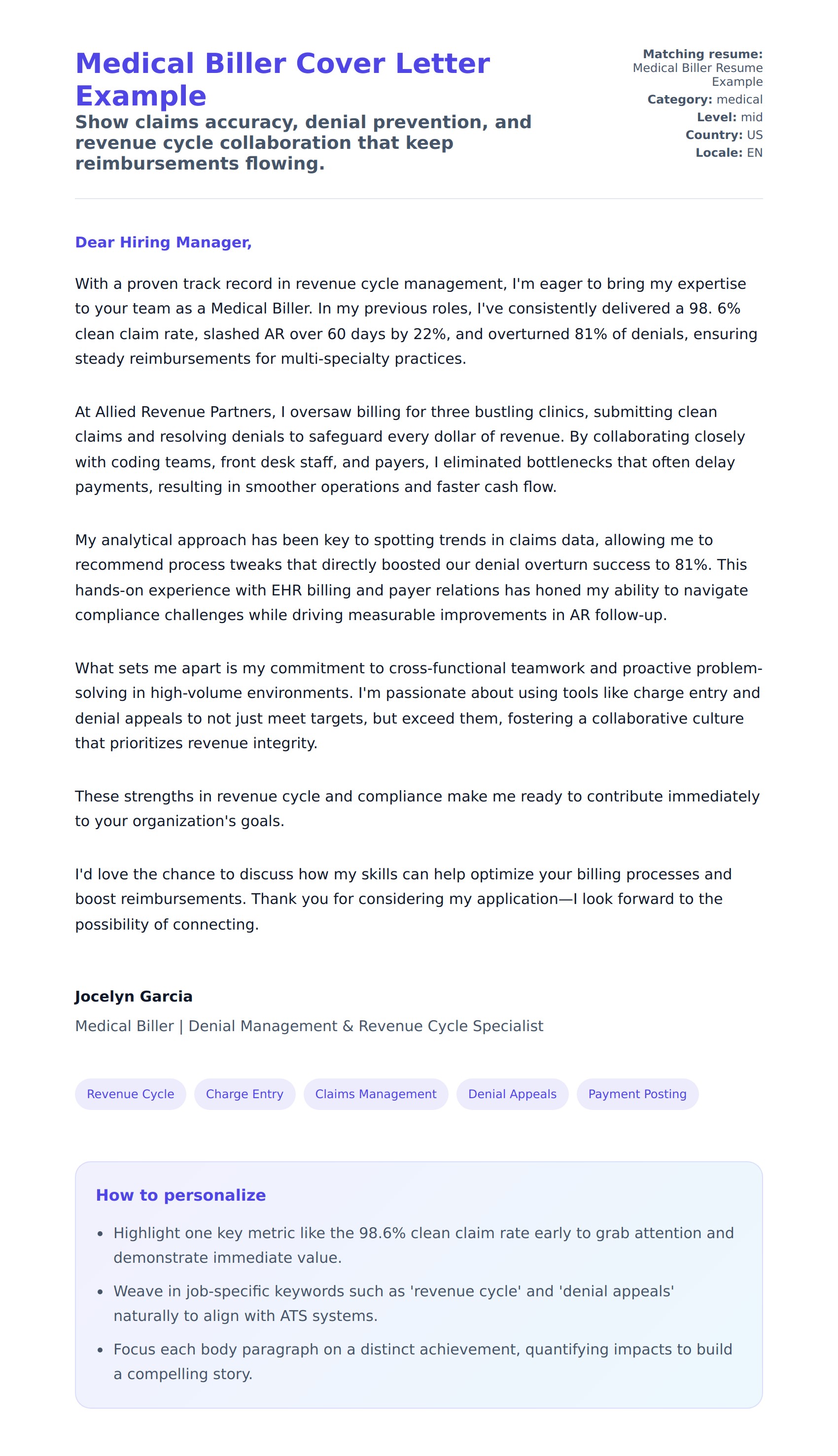 Cover Letter preview for Medical Biller Cover Letter Example