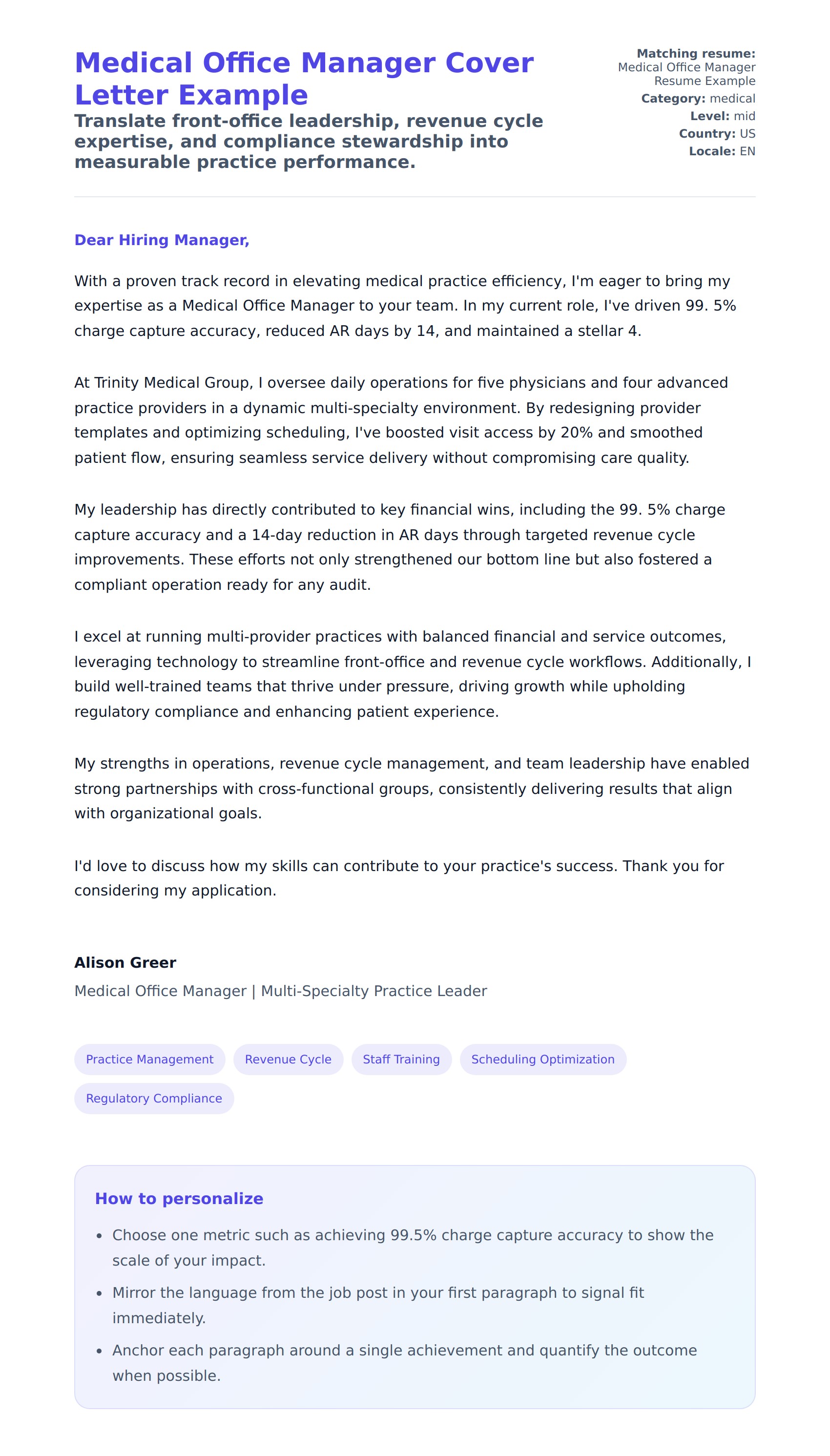 Cover Letter preview for Medical Office Manager Cover Letter Example