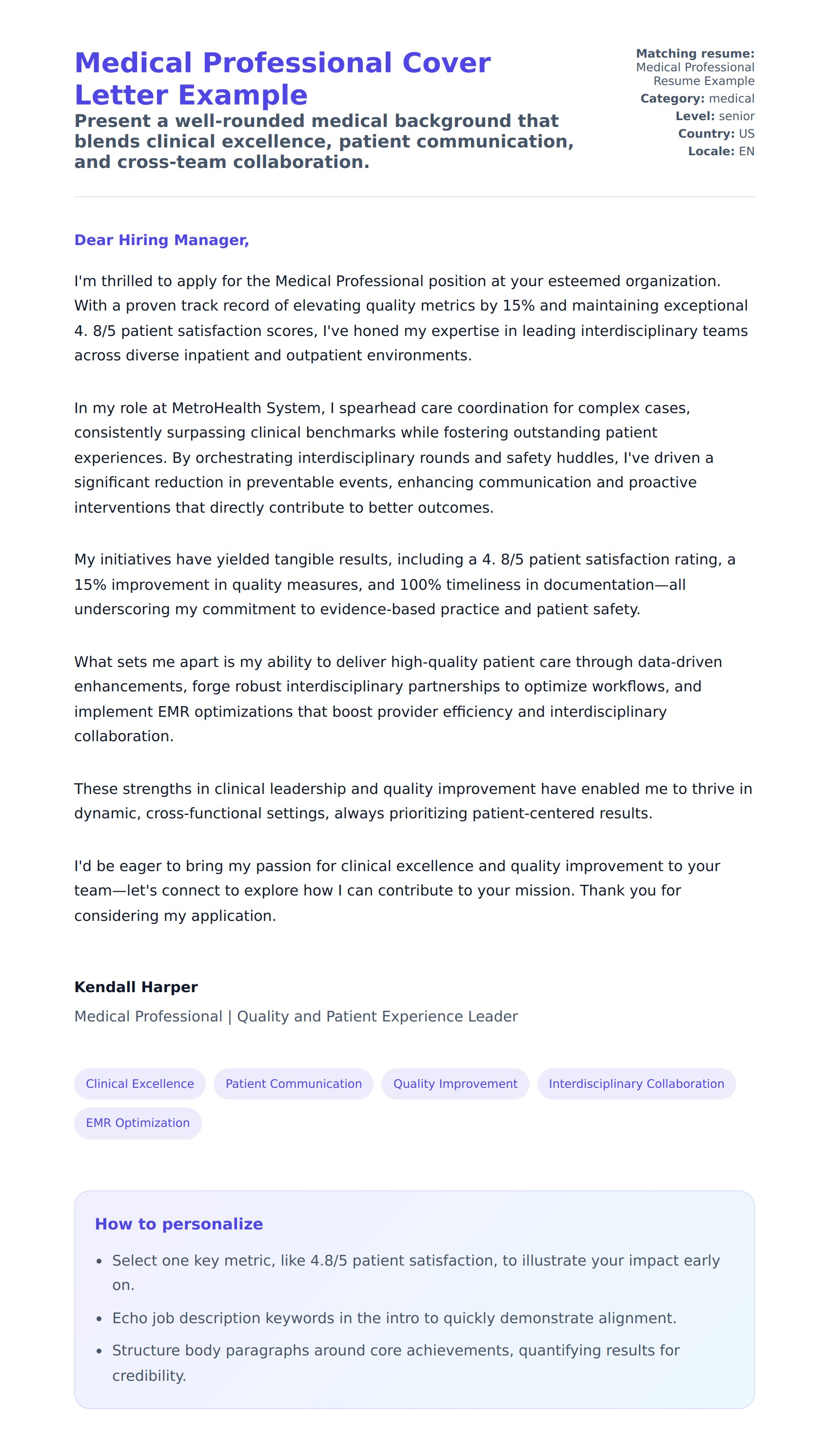 Cover Letter preview for Medical Professional Cover Letter Example